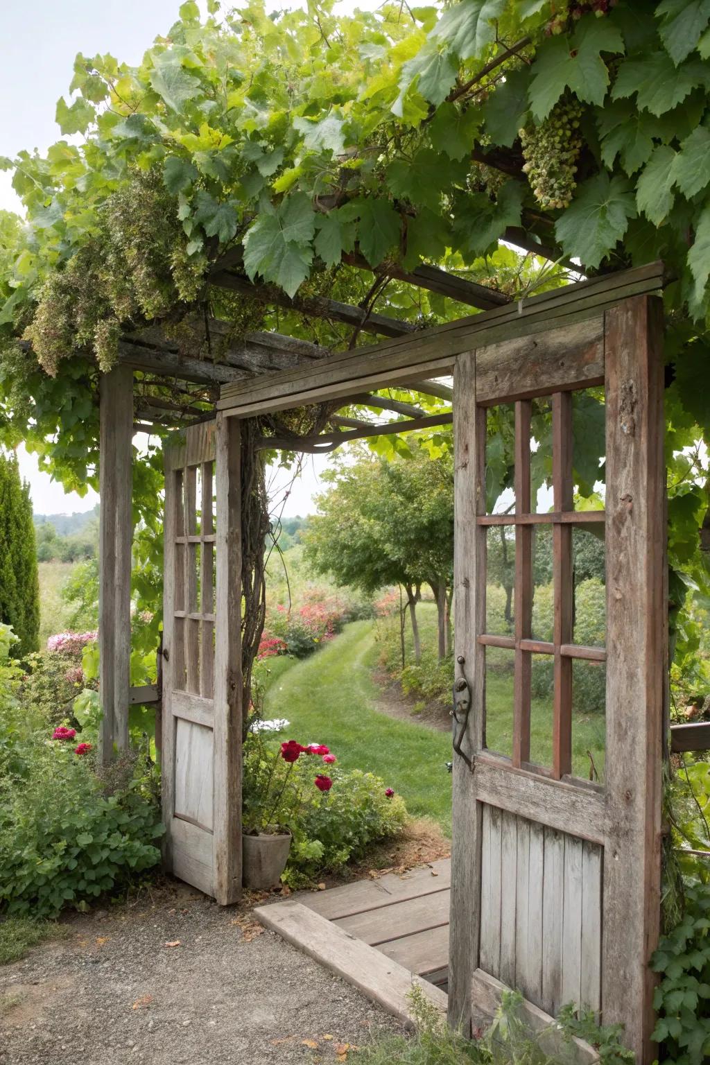 A creative grape gateway crafted from recycled materials.