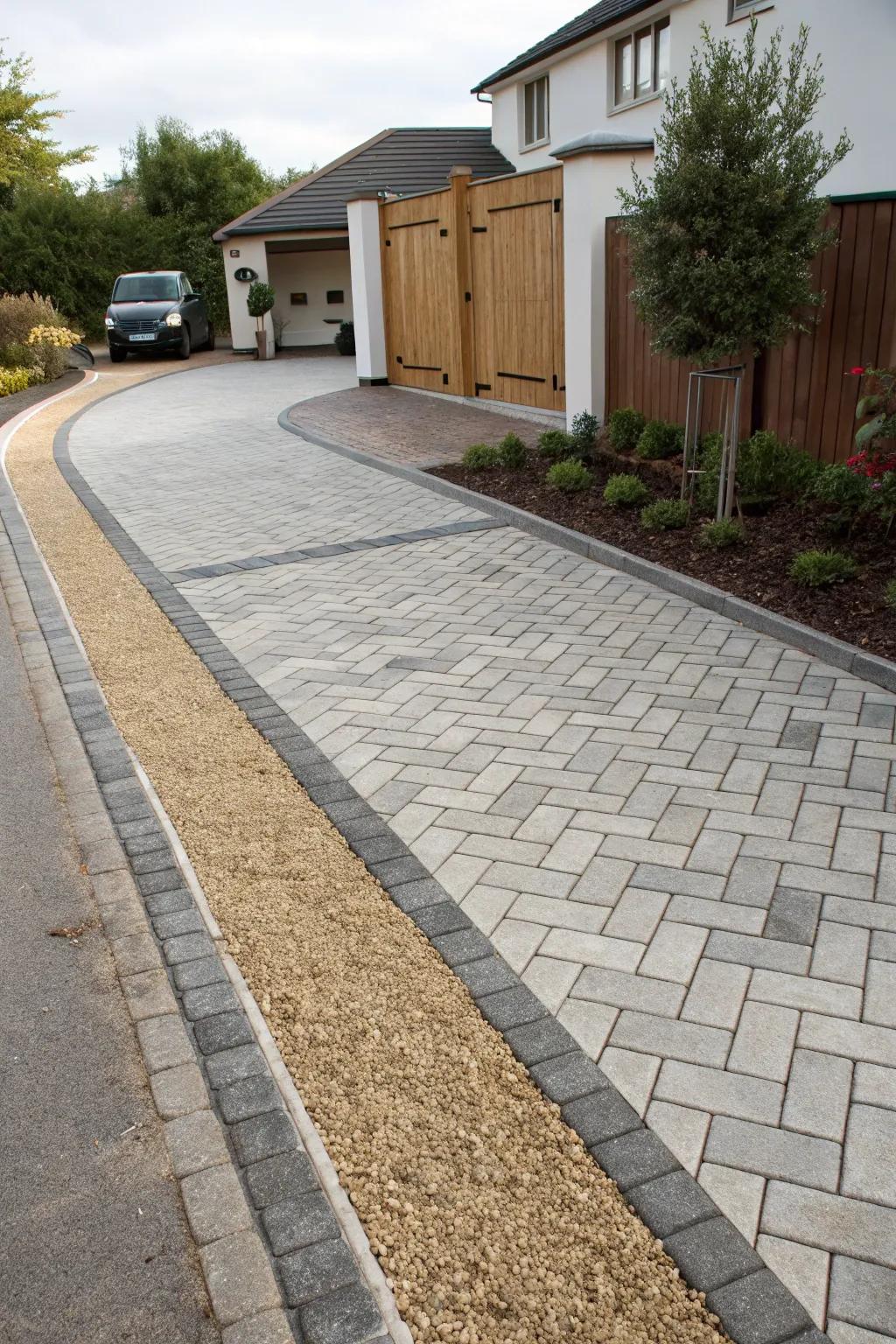 Modern pavers meet classic gravel in a harmonious blend.