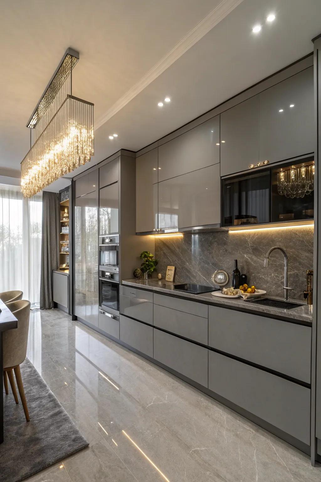 High-shine gray cabinets add a sumptuous feel to this modern culinary setting.