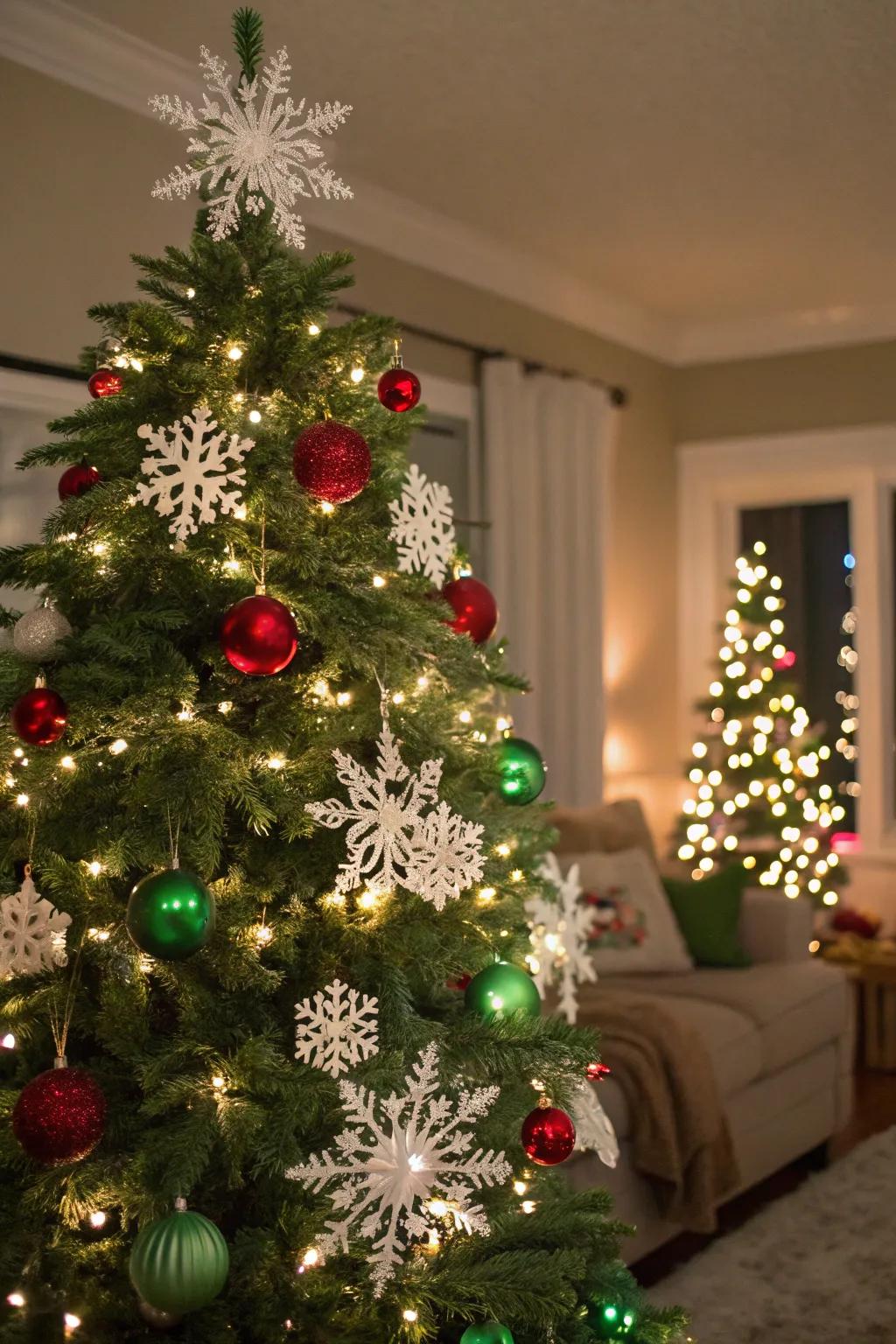 A Christmas tree with snowy accents and red and green decorations.