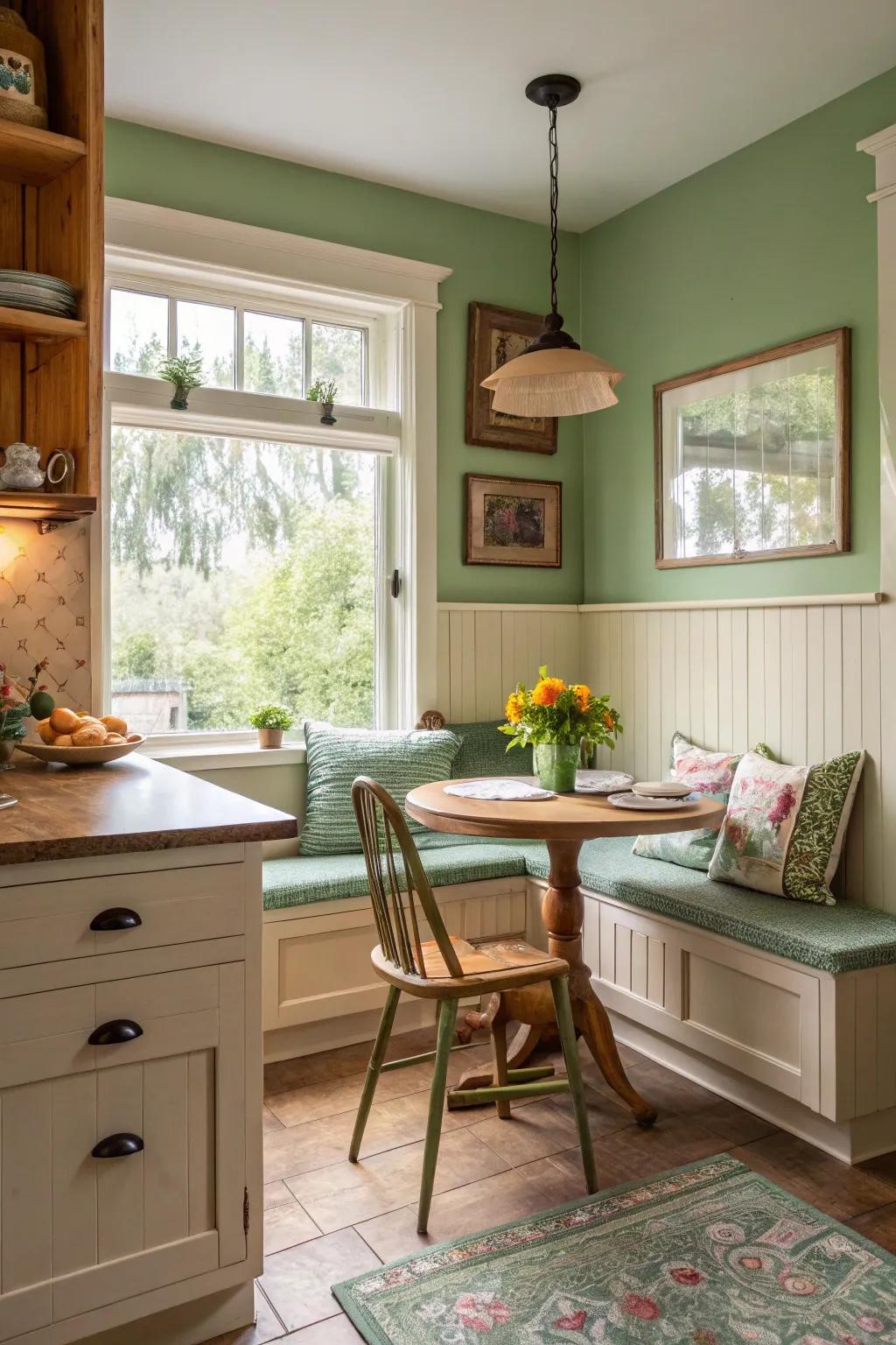 A cozy green breakfast corner offering a tranquil escape.
