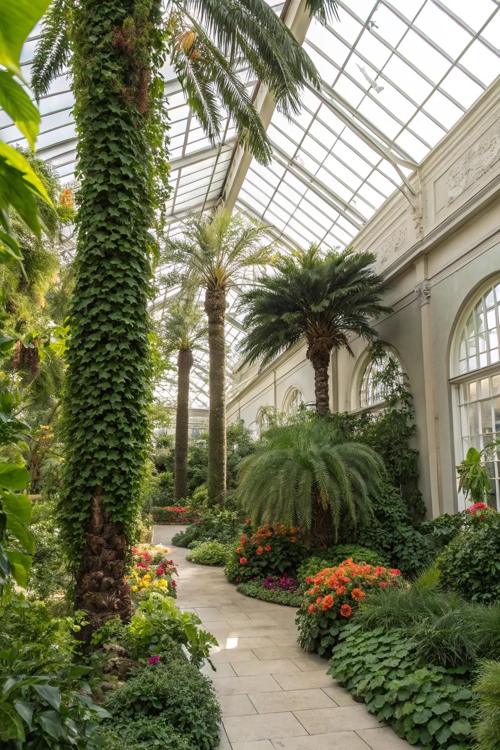 A lively greenhouse filled with a diverse range of plants.