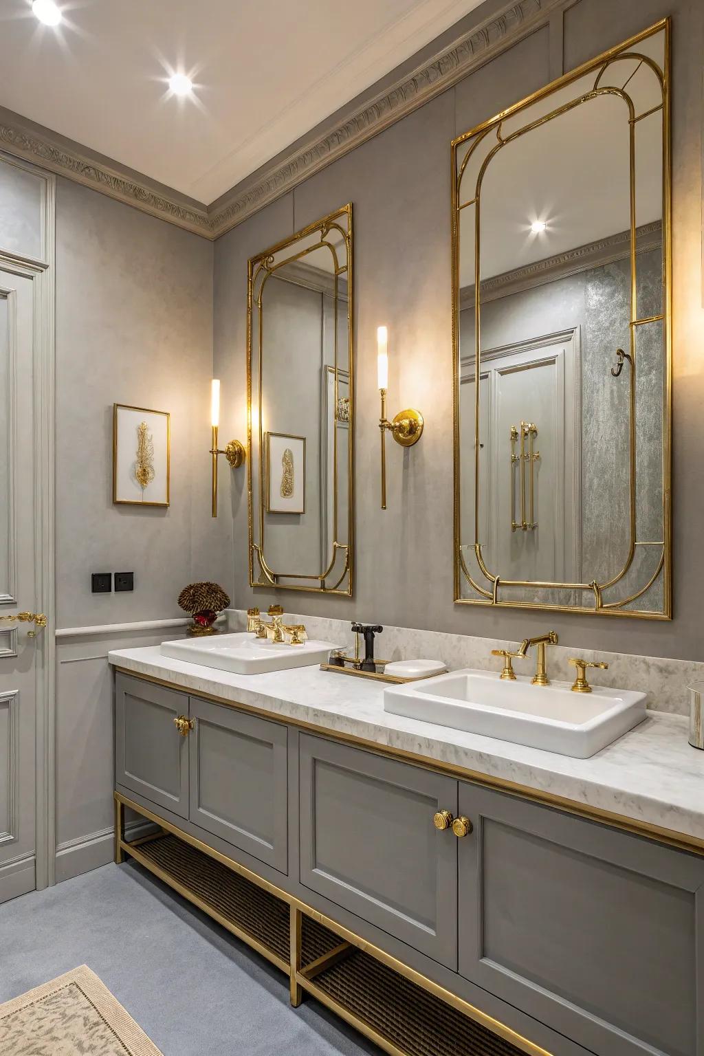 Grey walls and gold touches cultivate an artistic and opulent bathroom design.