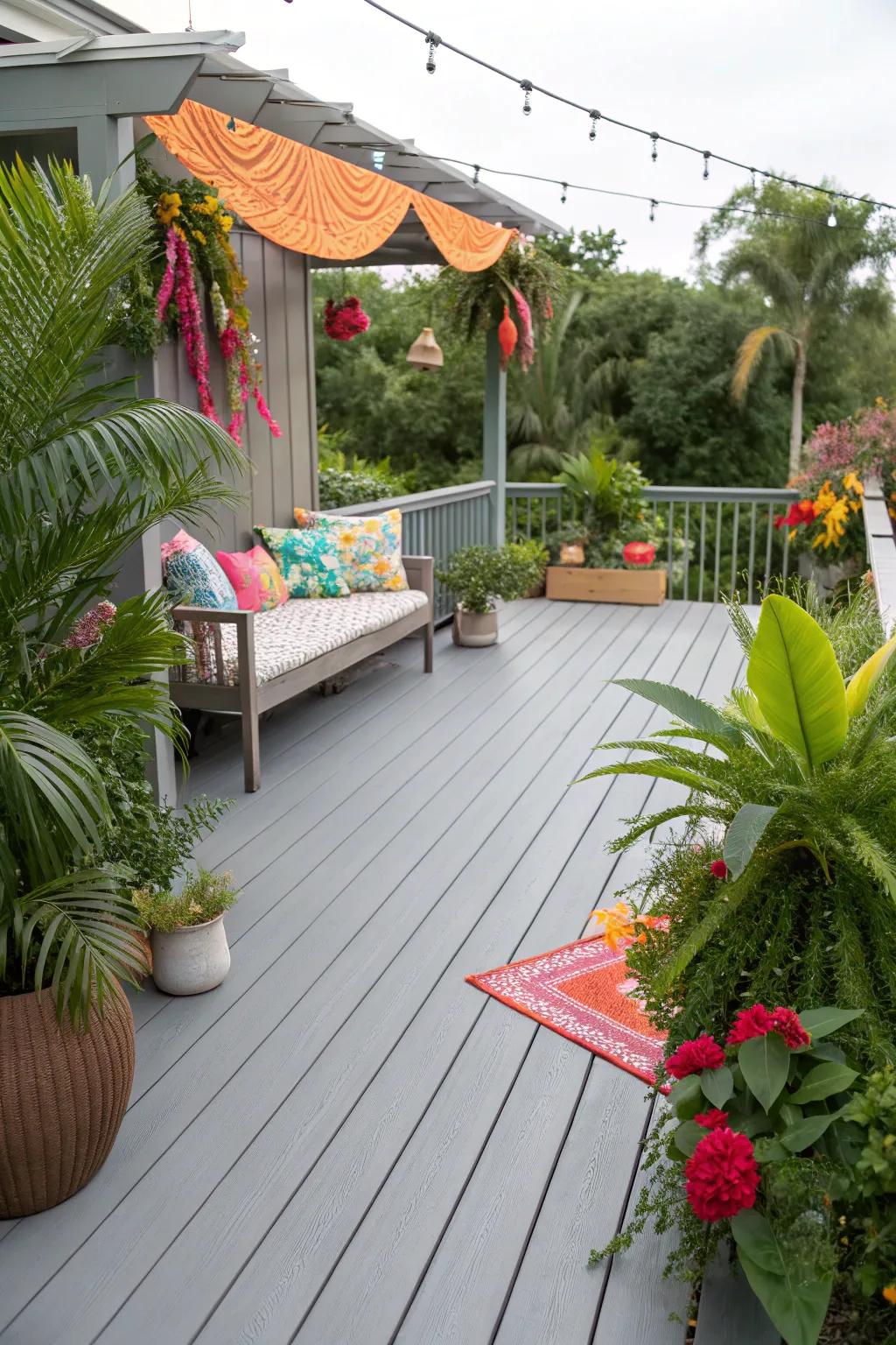 Tropical-inspired grey deck with vibrant decor.
