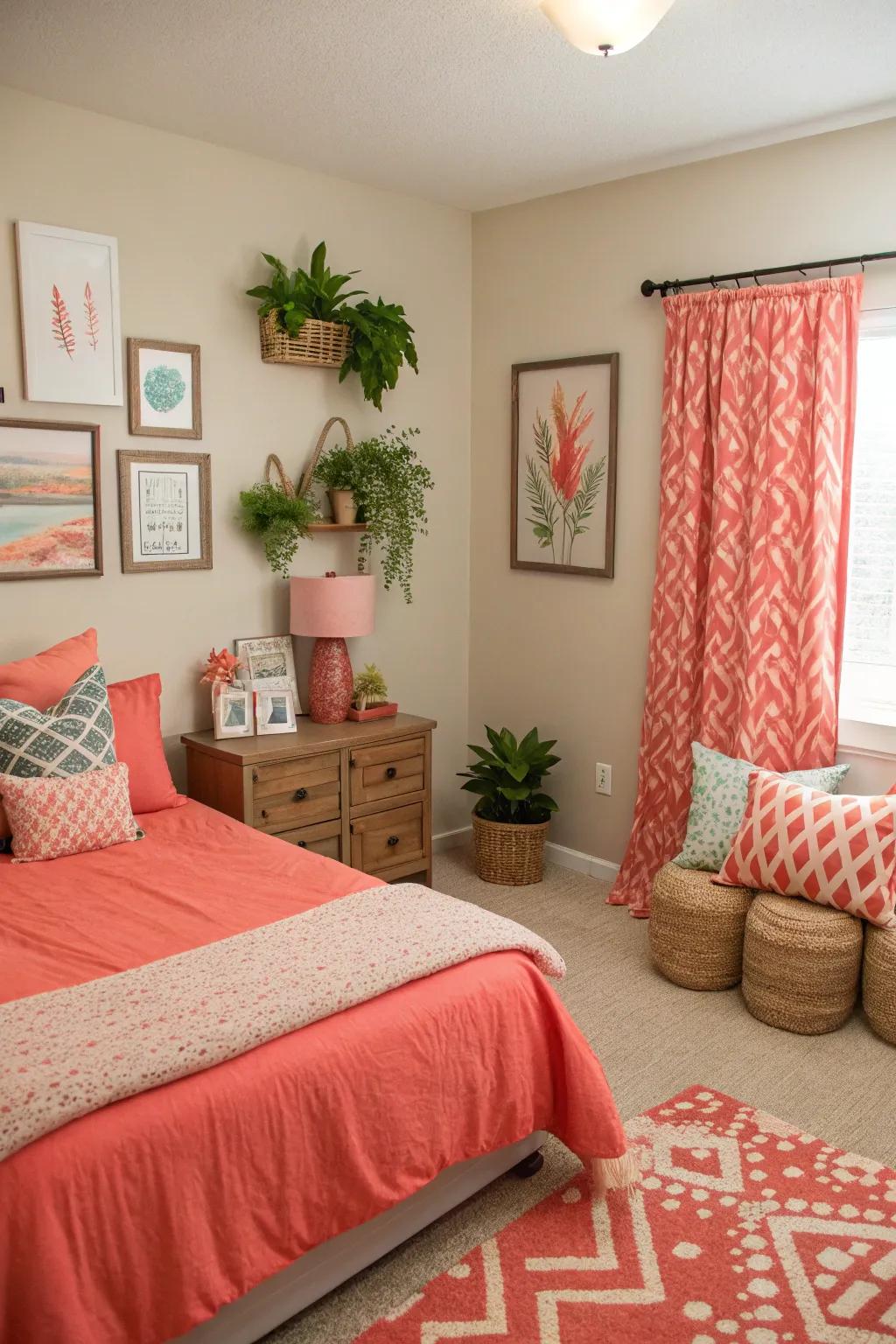 A guest room featuring lively peach bloom touches for a vibrant atmosphere.