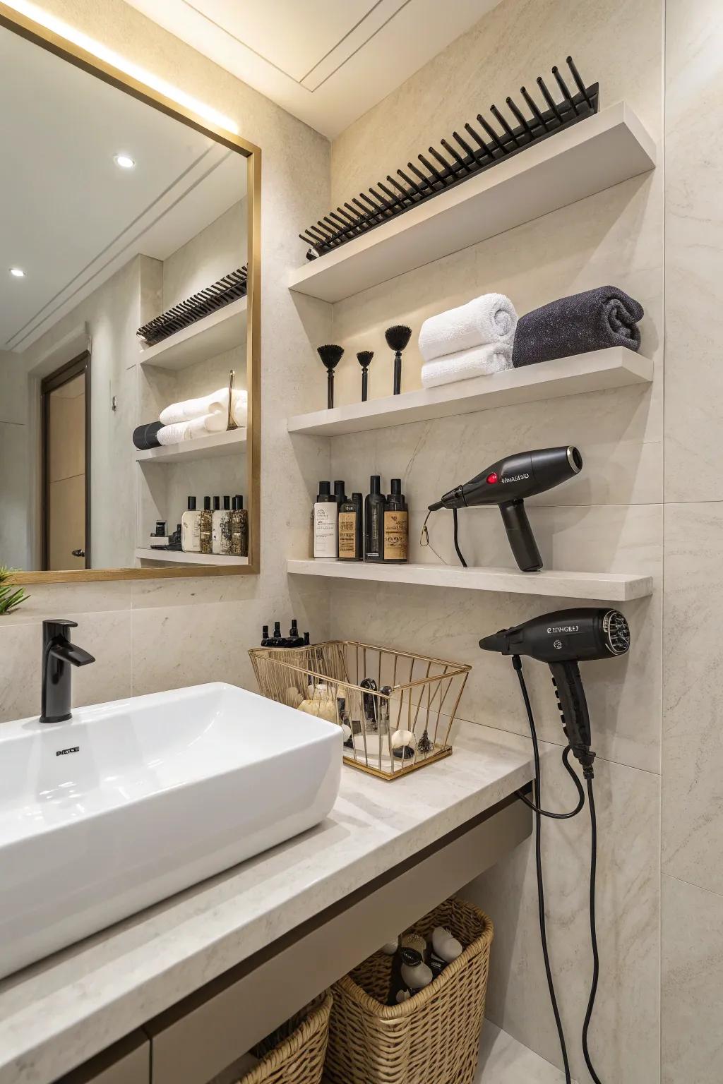 Minimalist suspended shelves encourage a clutter-free and open powder room.