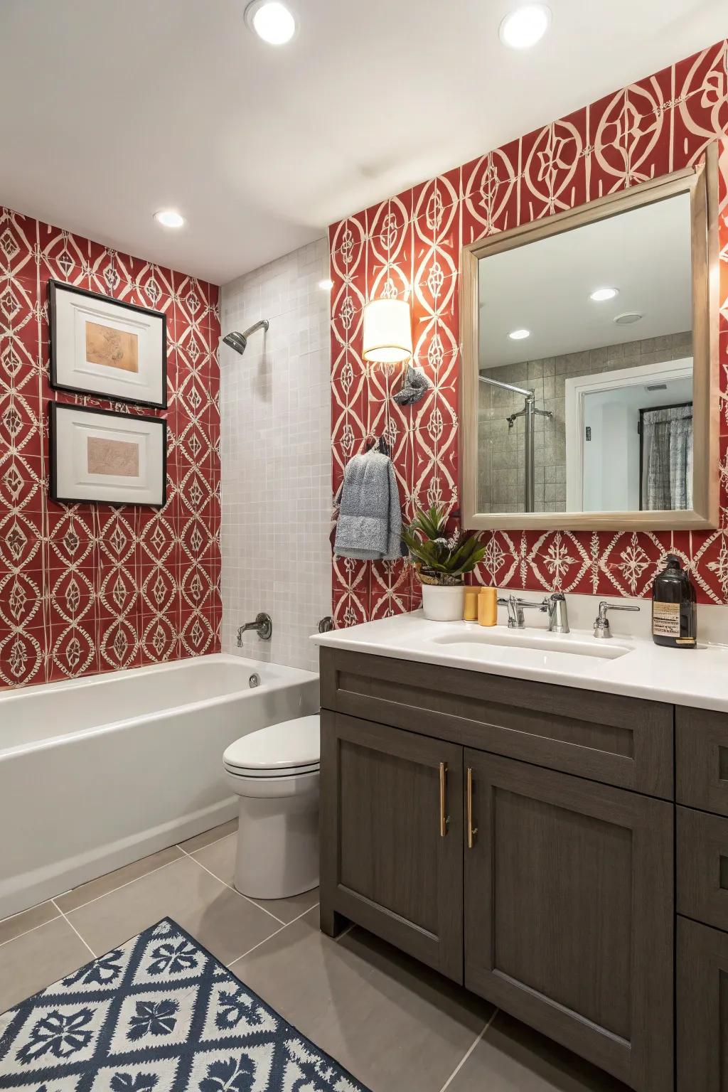 Wallpaper transforms this bathroom, adding personality.