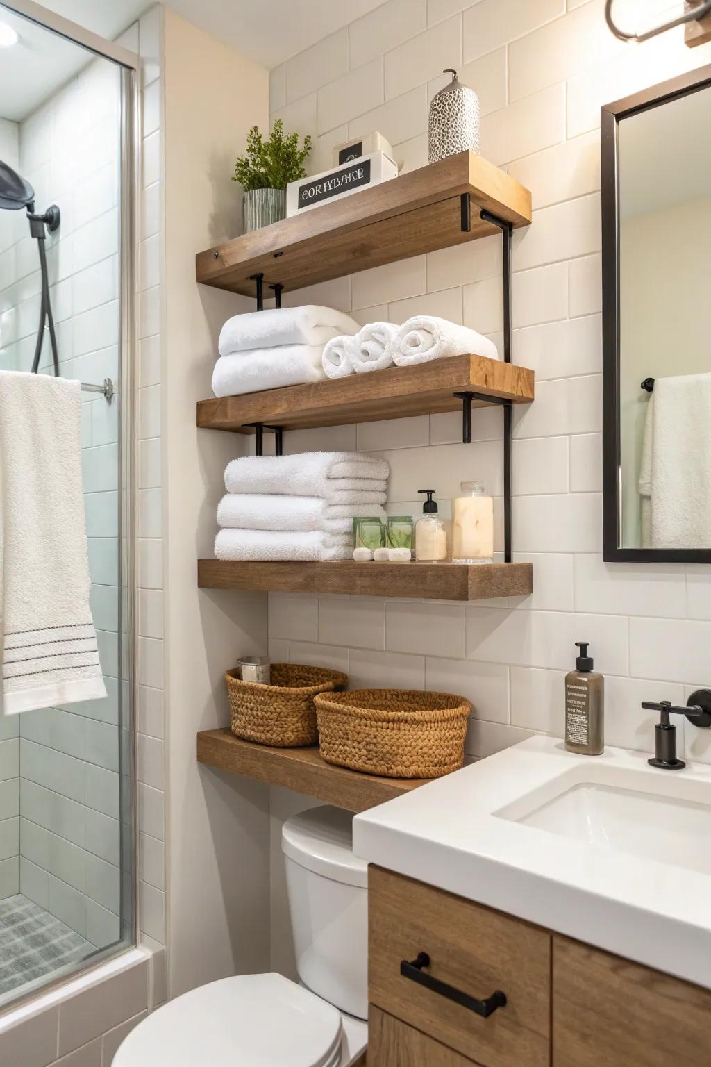 Cantilever shelving endows chic housing answers in a hall bathroom.