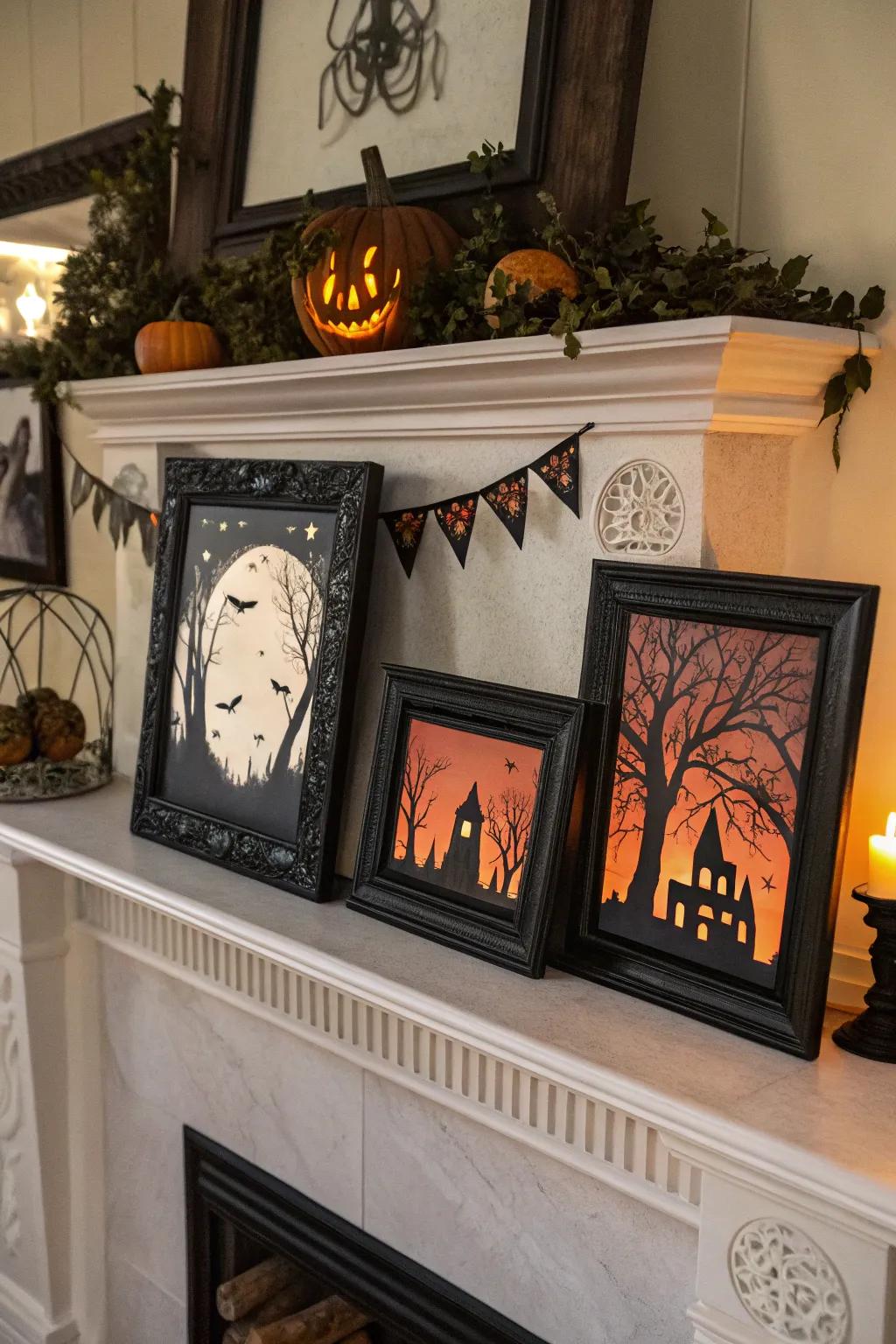 Eerie frames transmute the mantel into a spectral gallery.