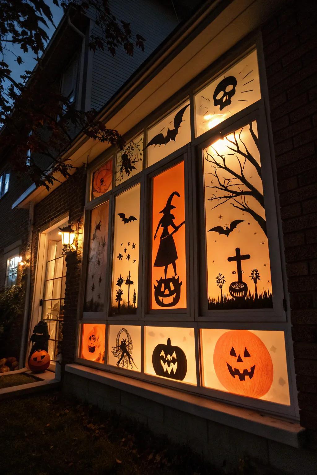 Window signs adding a mysterious touch to Halloween decor.
