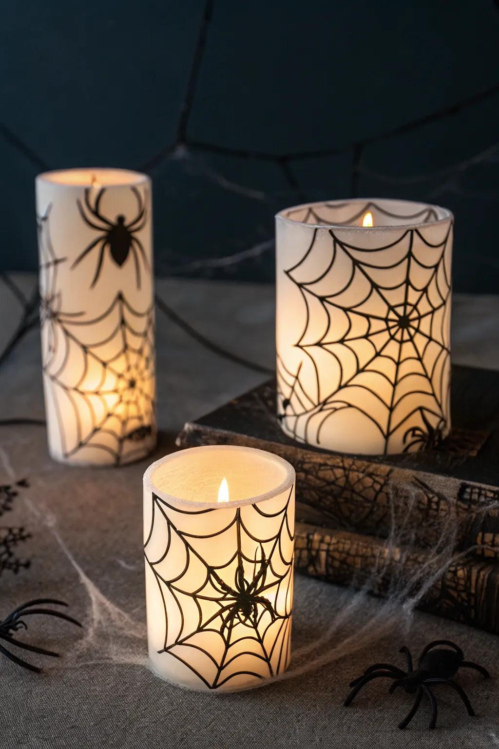 Vinyl-enveloped candles fashion a haunting ambiance.