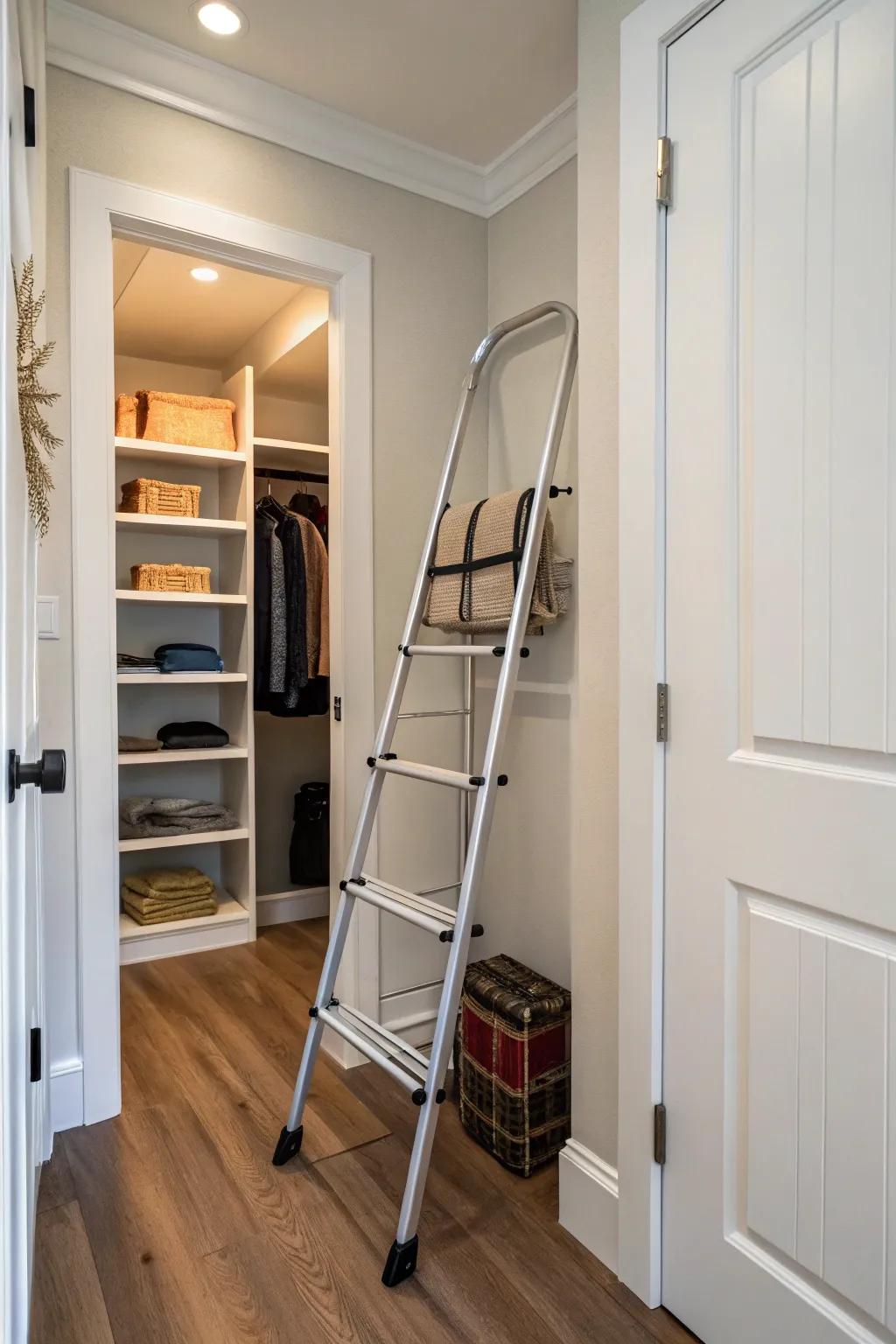 A storable ladder tucked neatly away inside a hallway closet to use when reaching high shelves.