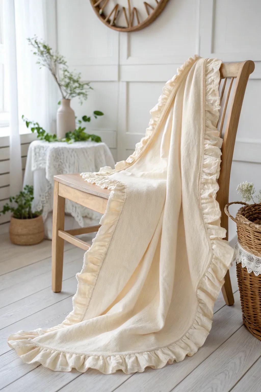 Add a touch of elegance to your nursery with this charming handcrafted baby blanket featuring delicate ruffled edges.