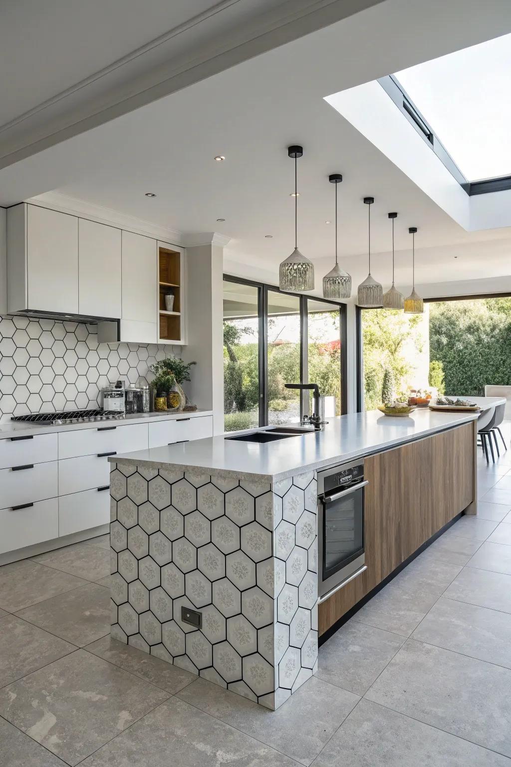 A floating island enhanced with geometric accents becomes an eye-catching kitchen centerpiece.