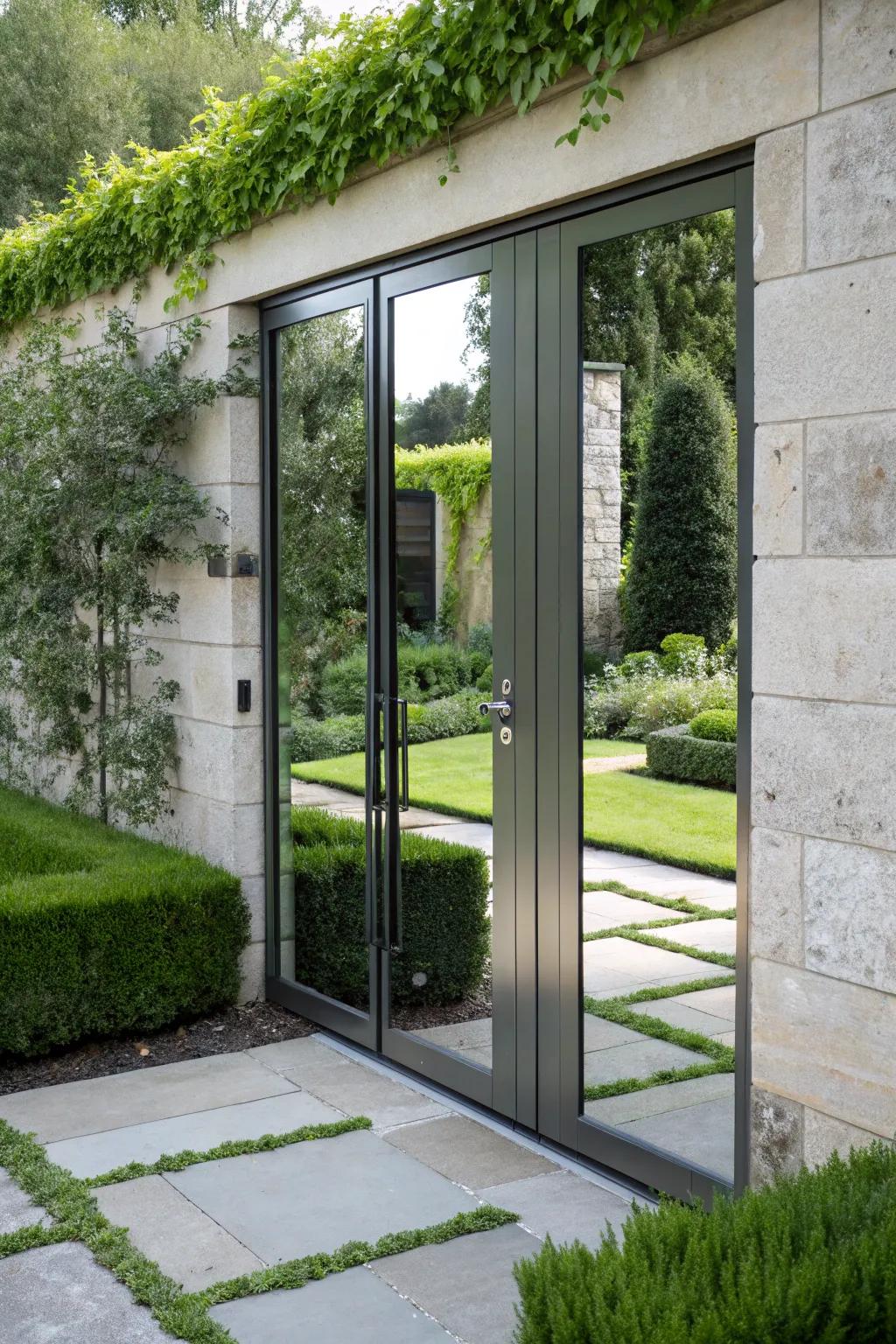 Mirrored panels mask a door with reflective elegance.