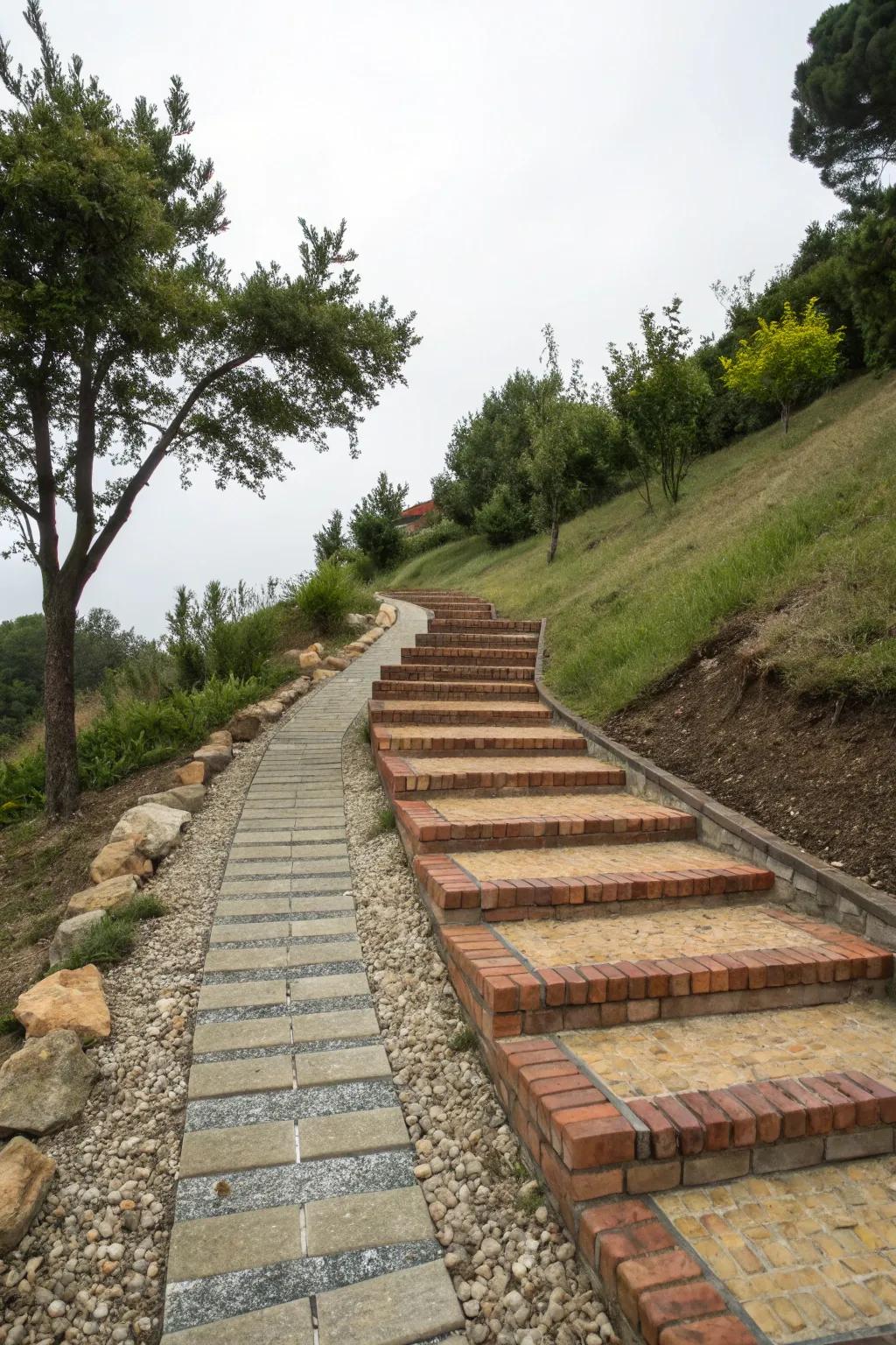 Path tiles and brickwork offer steadiness and visual interest.