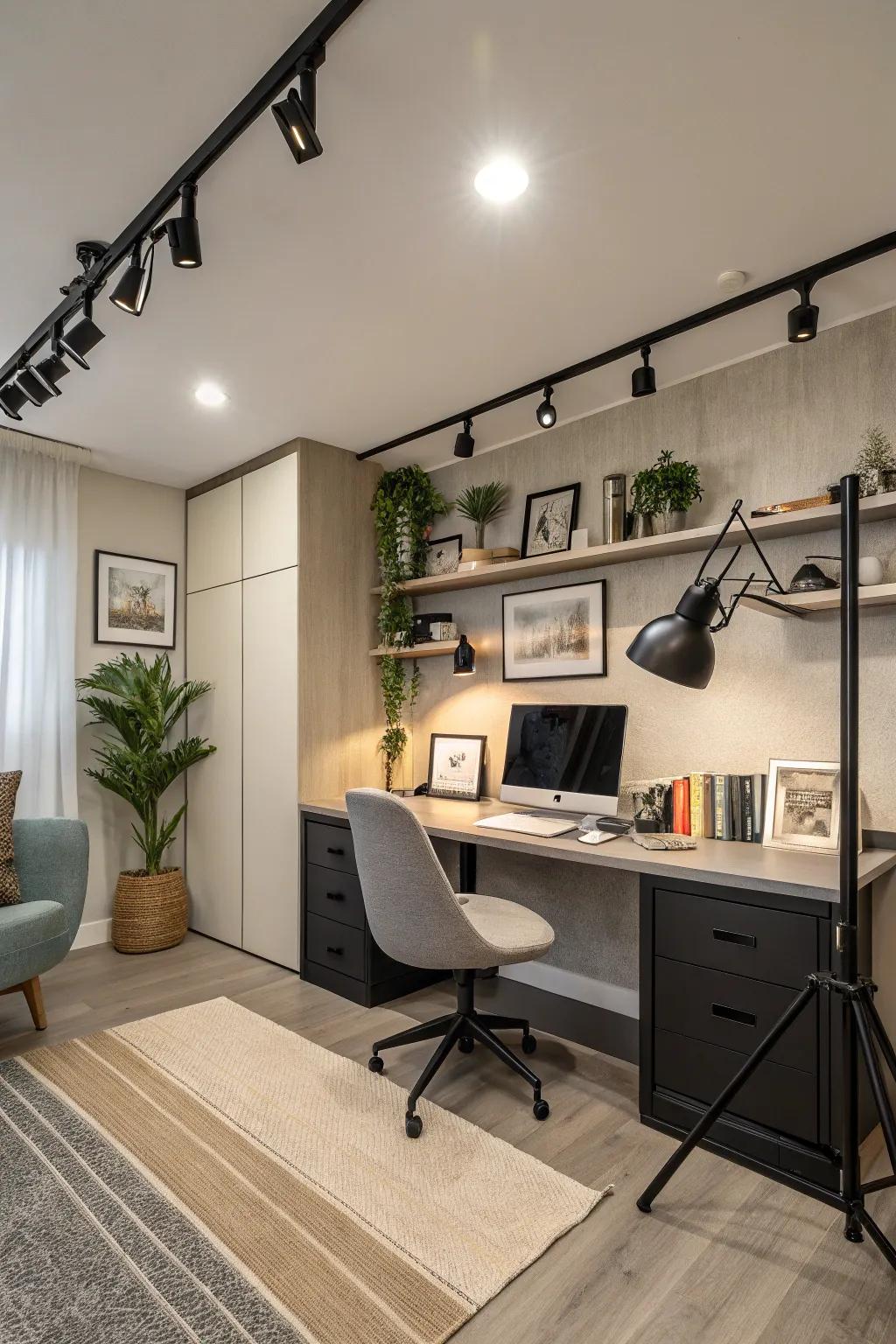 Rail lighting provides adaptable illumination for versatile workspaces.