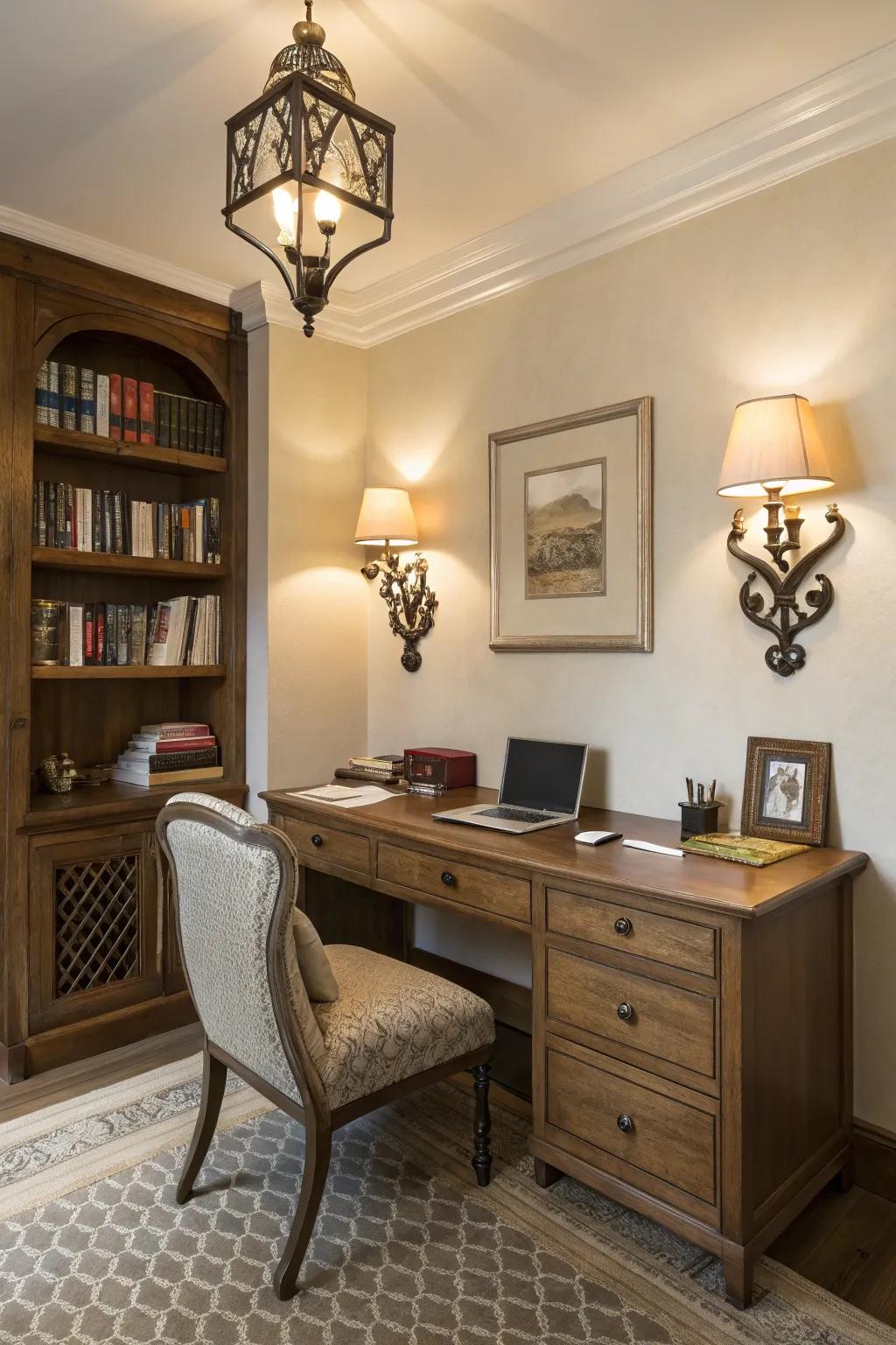 Wall sconces provide beauty and functionality.