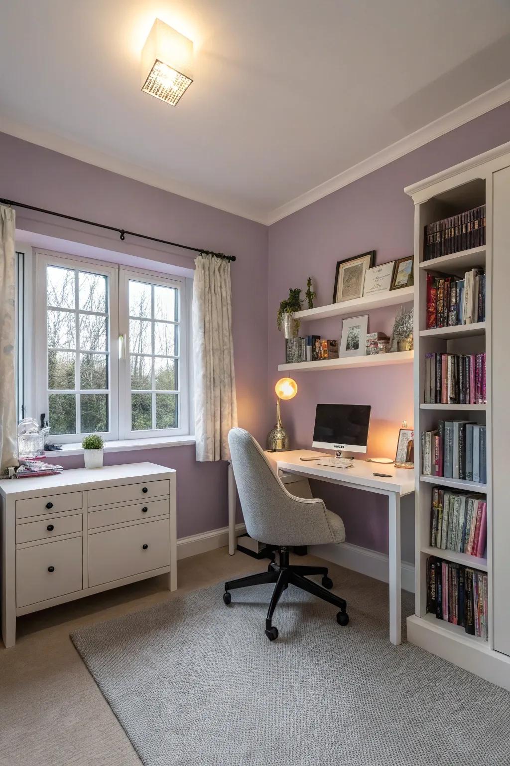 Lilac partitions contribute elegance and tranquility to this serene personal office.