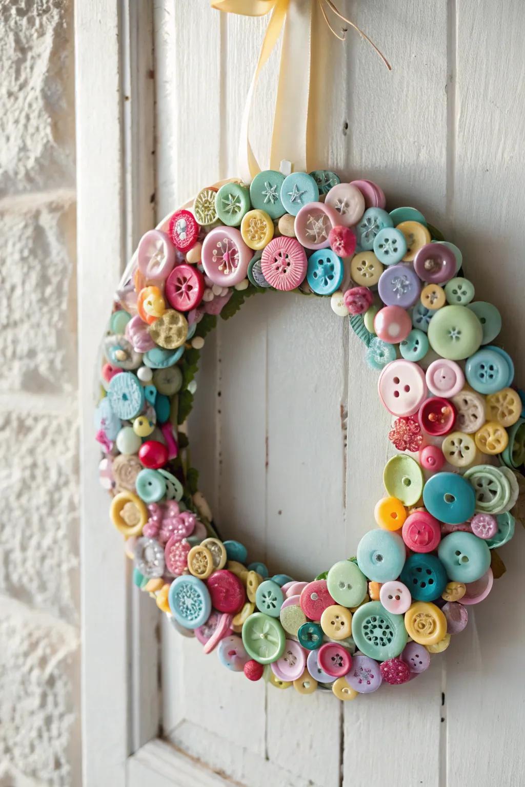 Add a burst of color and whimsy to your area with this charming fastener wreath, suitable for a hint of playful elegance.