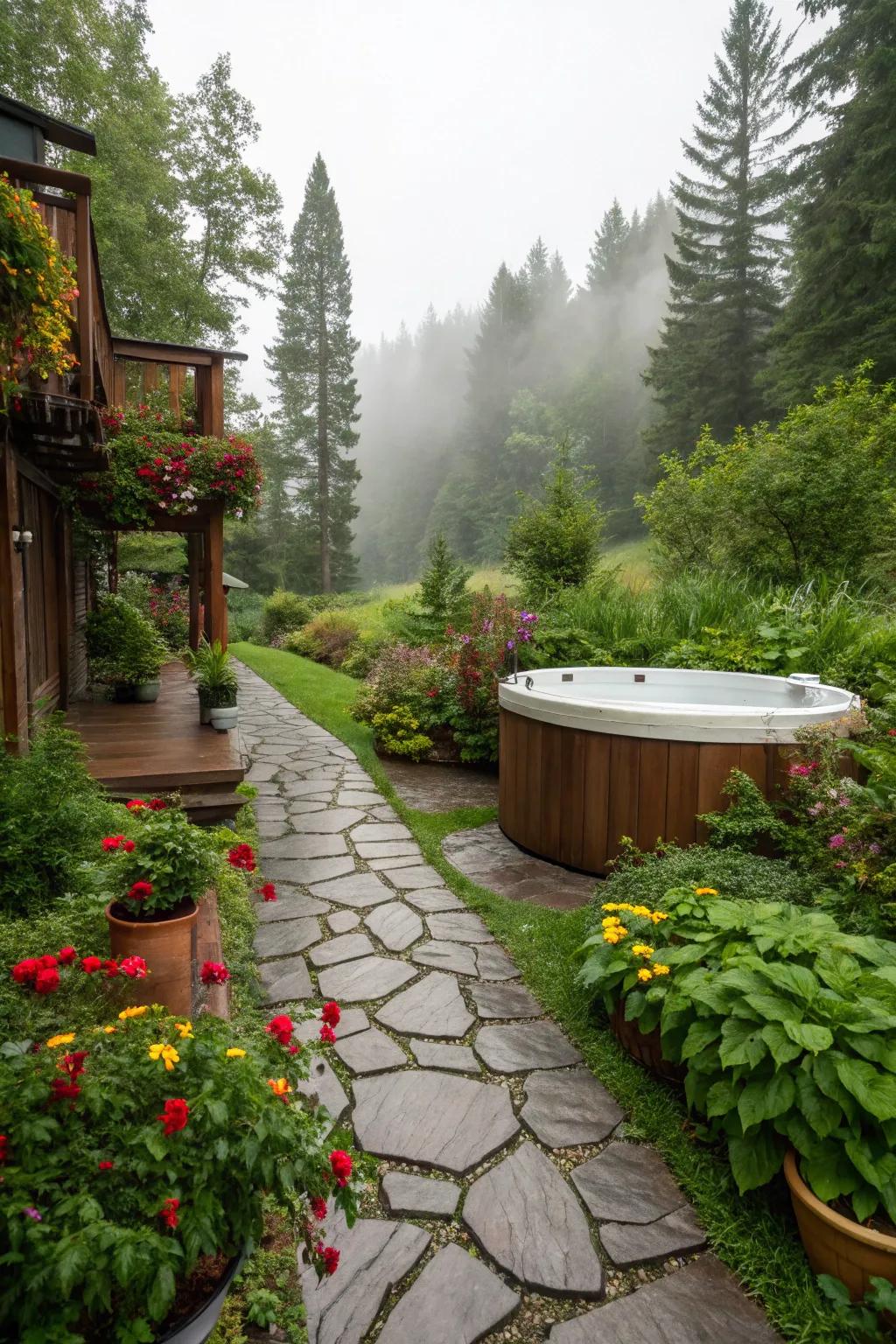 A stone pathway injects rustic appeal to the <strong><em>hot tub</em></strong> approach.” loading=”lazy” class=”pimg”>
	</picture><figcaption>A stone pathway injects rustic appeal to the <strong><em>hot tub</em></strong> approach.</figcaption></figure>
<p>A stone pathway directing to your <strong><em>hot tub</em></strong> can introduce a captivating, rustic element. In my personal garden, it feels like stepping into a secret getaway.</p>
<h3>Items that may come in handy:</h3>
<ul class=