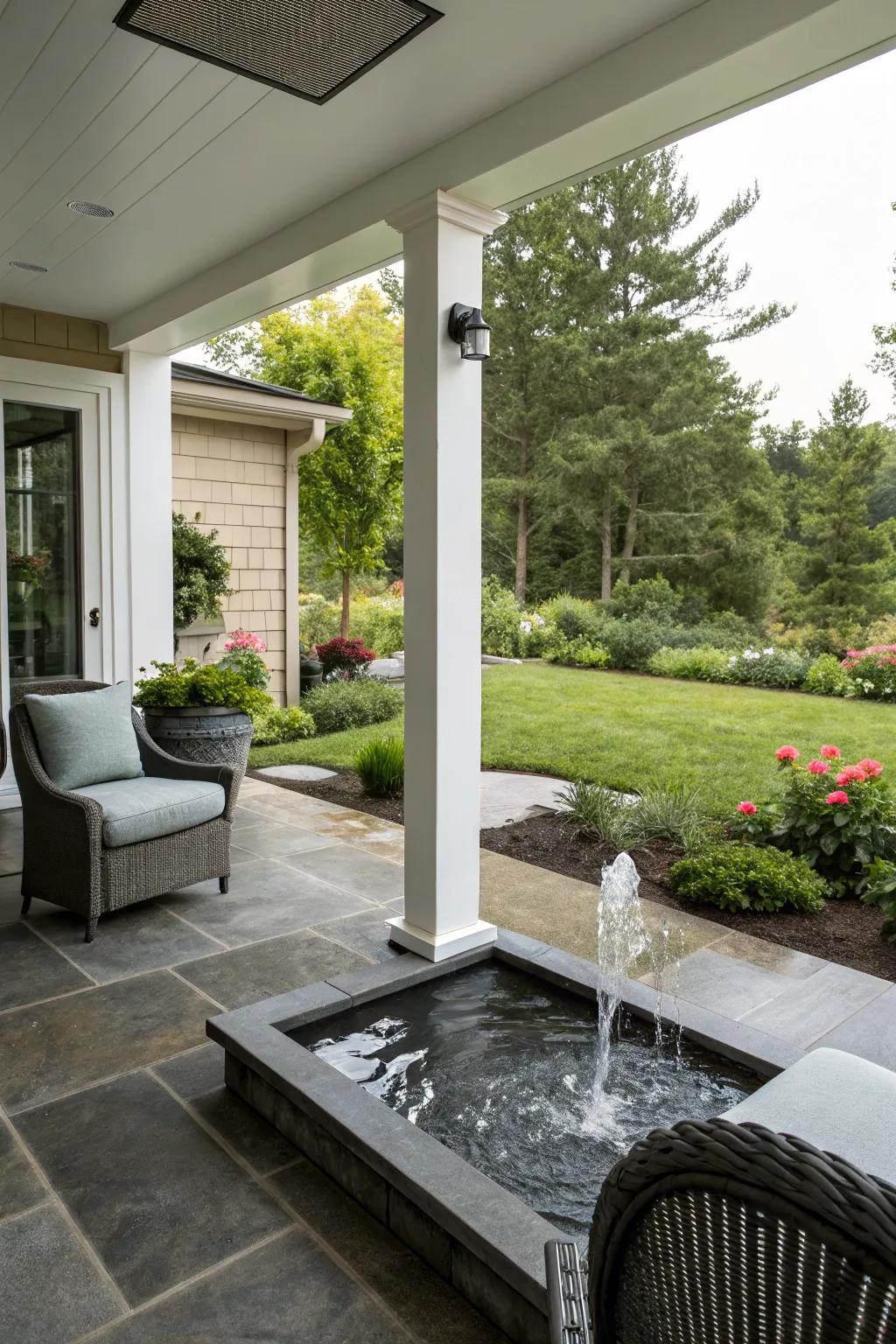 A water feature introduces a sense of tranquility to this modern porch.