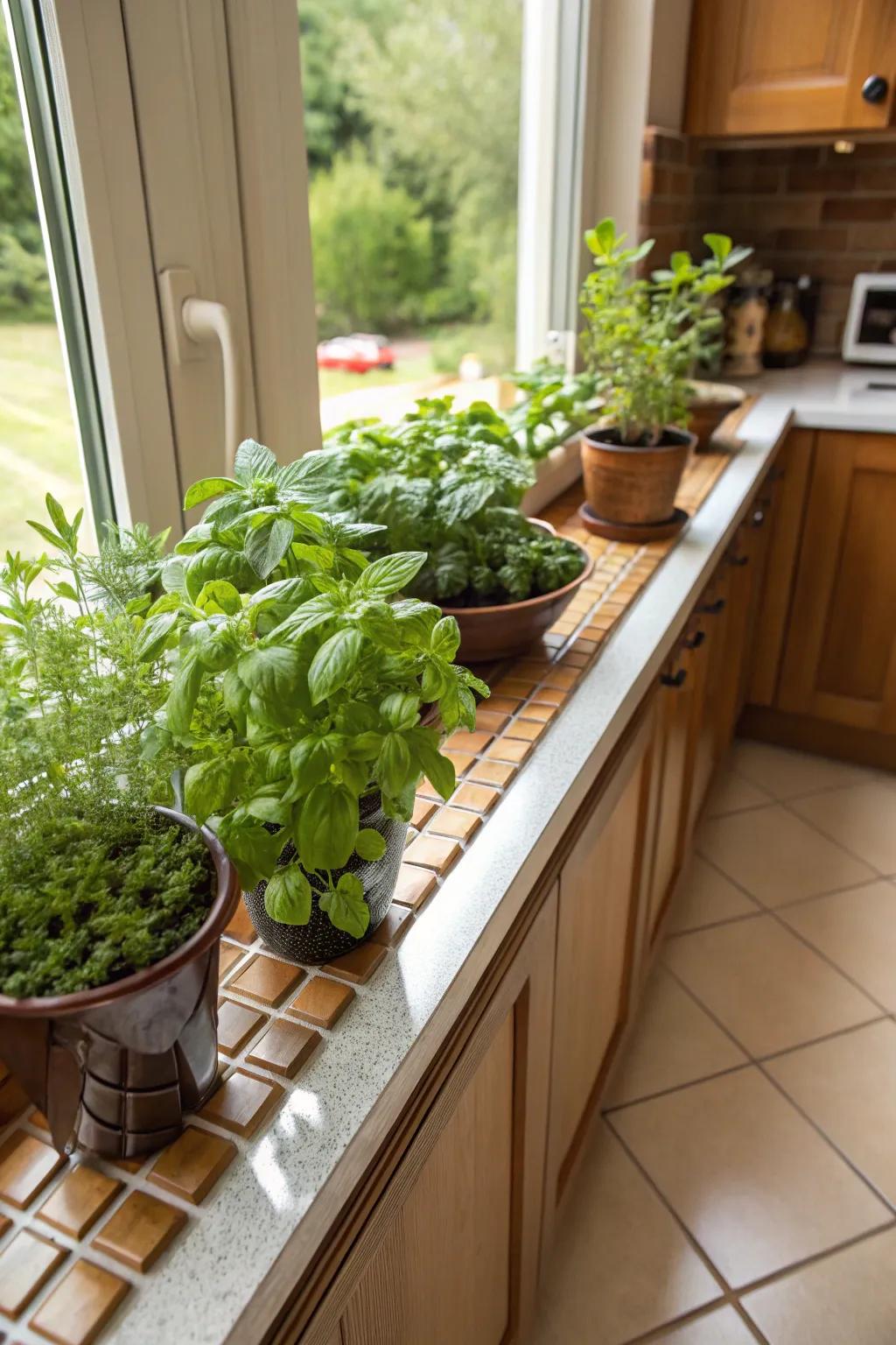 Fragrant plants in the kitchen provide beauty and fresh herbs.