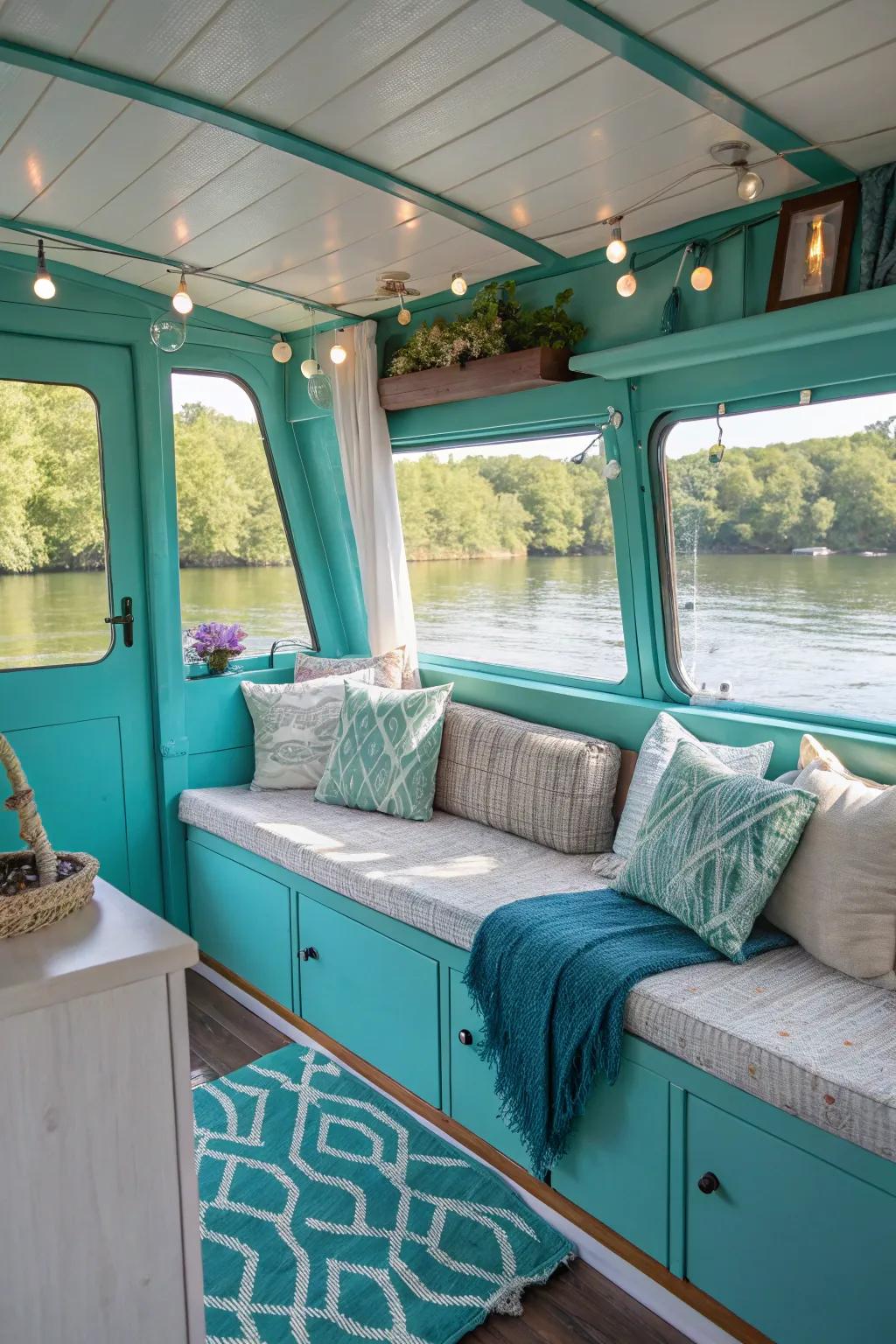 The houseboat's interior is enlivened by the addition of a splash of color.