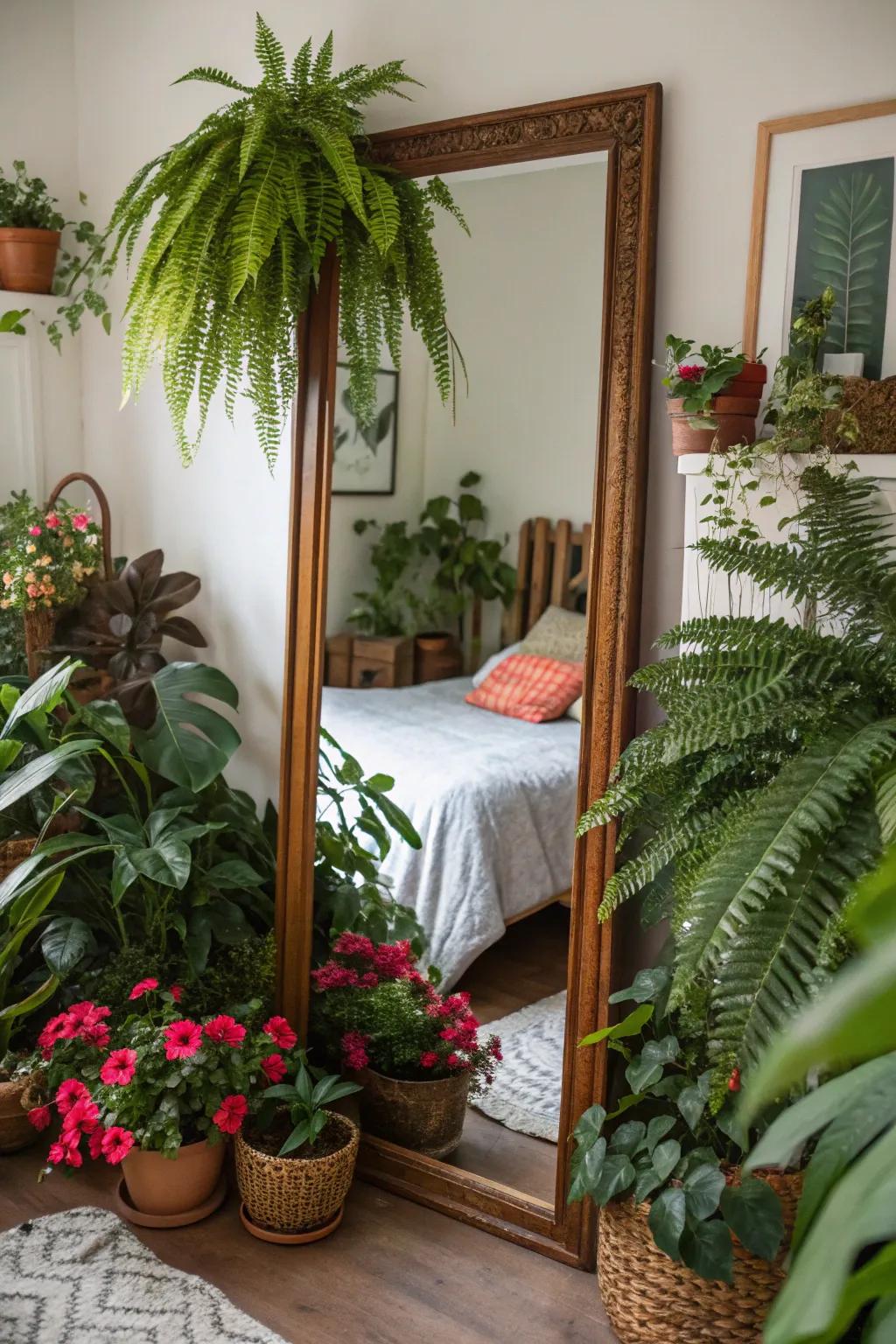 Plants enhance the natural beauty of mirrors, creating serene spaces.