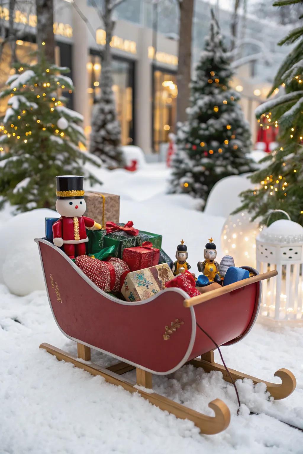 A whimsical sled enhanced with playful holiday playthings