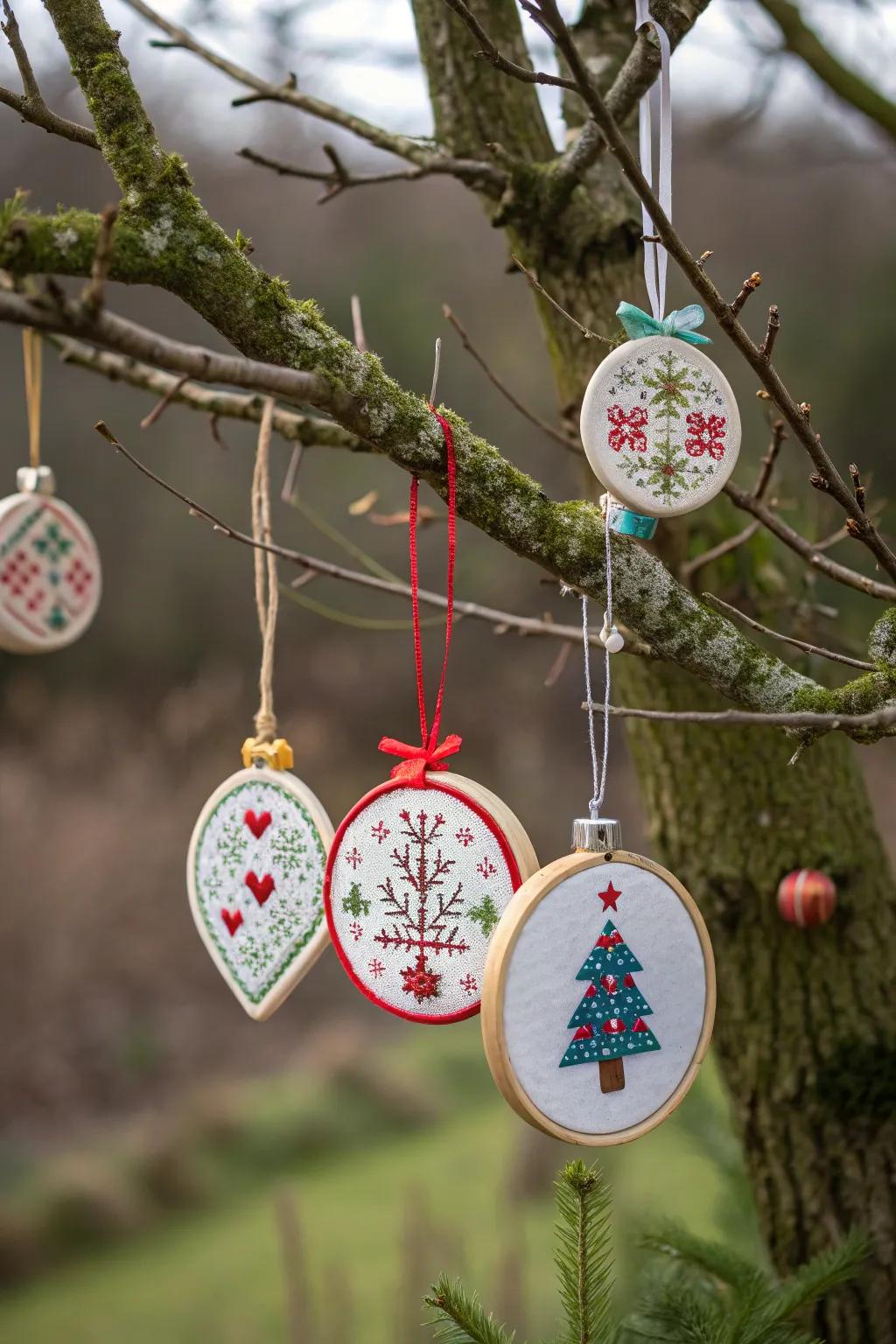 Cross-stitch baubles add charm to any festive occasion.