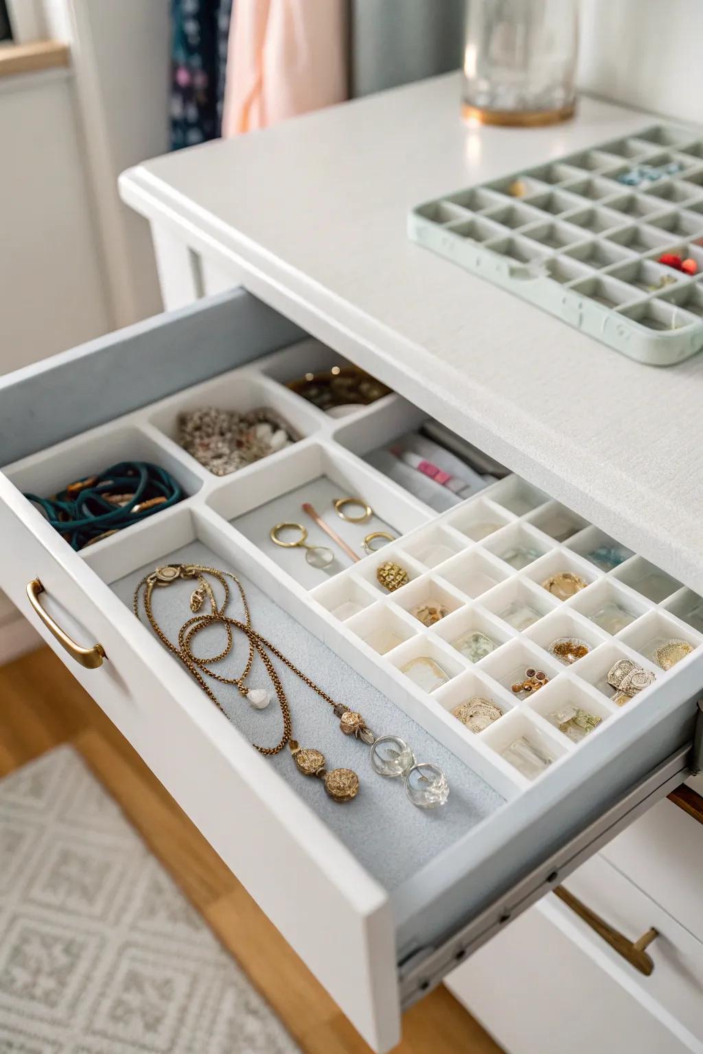 Ice cube trays repurposed for creative drawer organization.