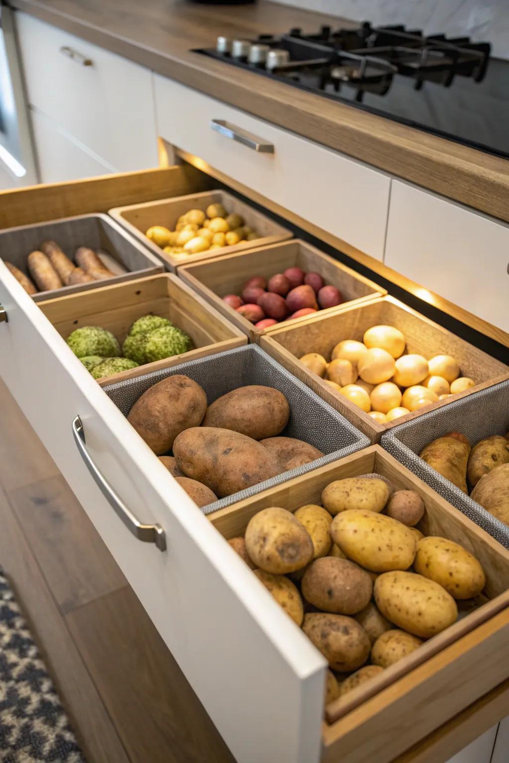 Drawer features vegetable dividers that encourage neat storage.