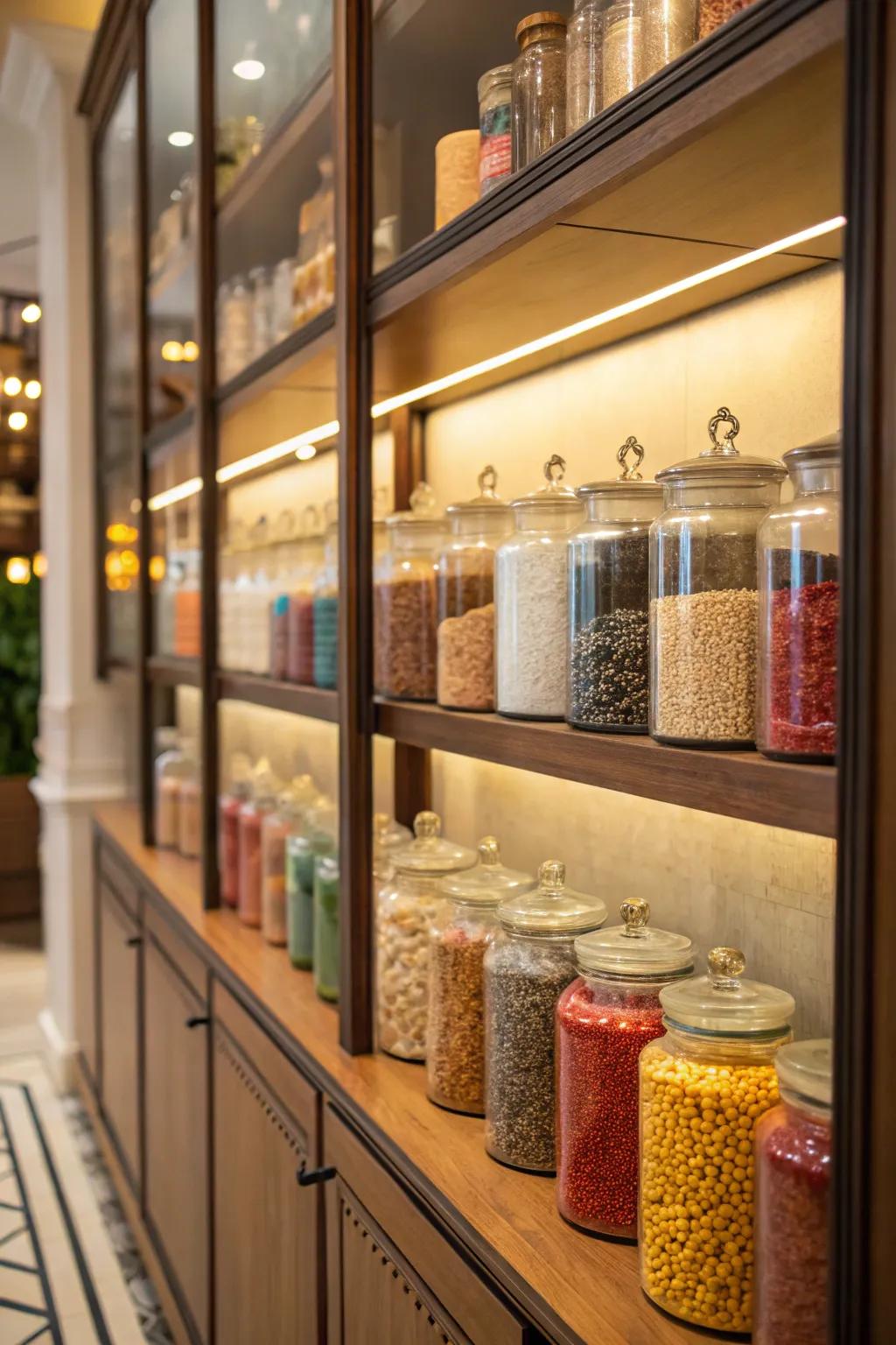 Food items serving as decorative elements and storage solutions.
