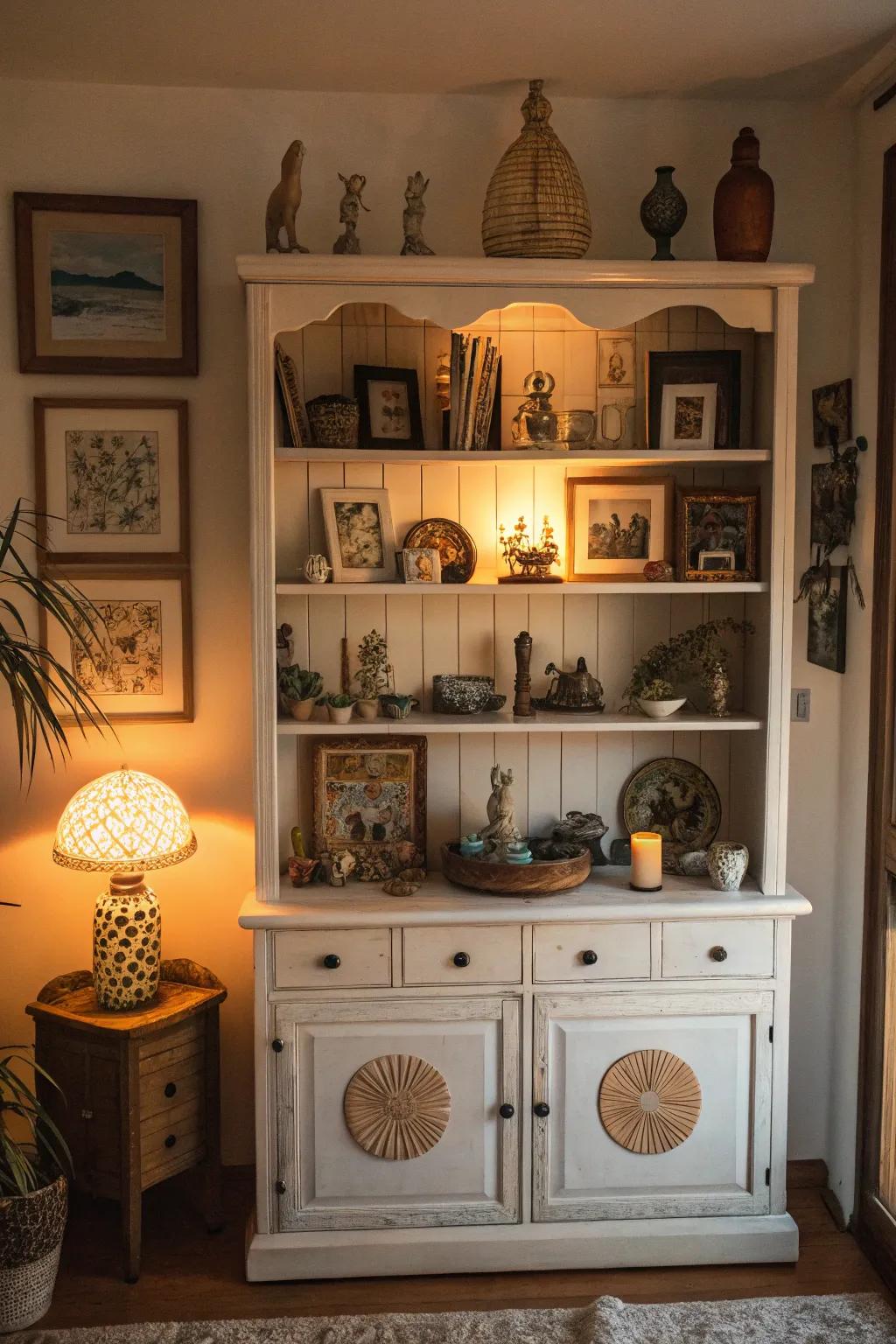 Artistic accents bring creativity to this hutch presentation.
