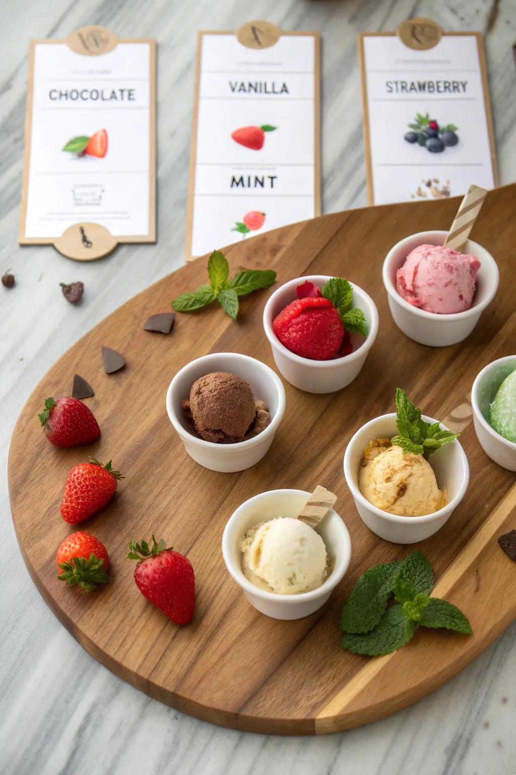 A frozen dessert sampler that offers a gourmet sensory experience.