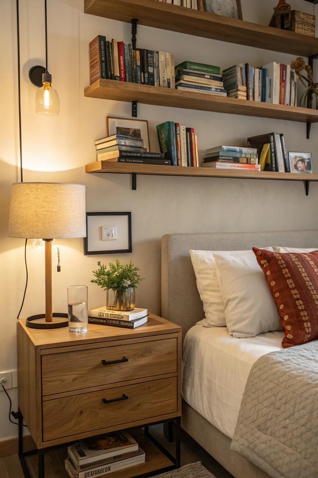 Maintain a cozy and organized bedroom with recessed shelves.
