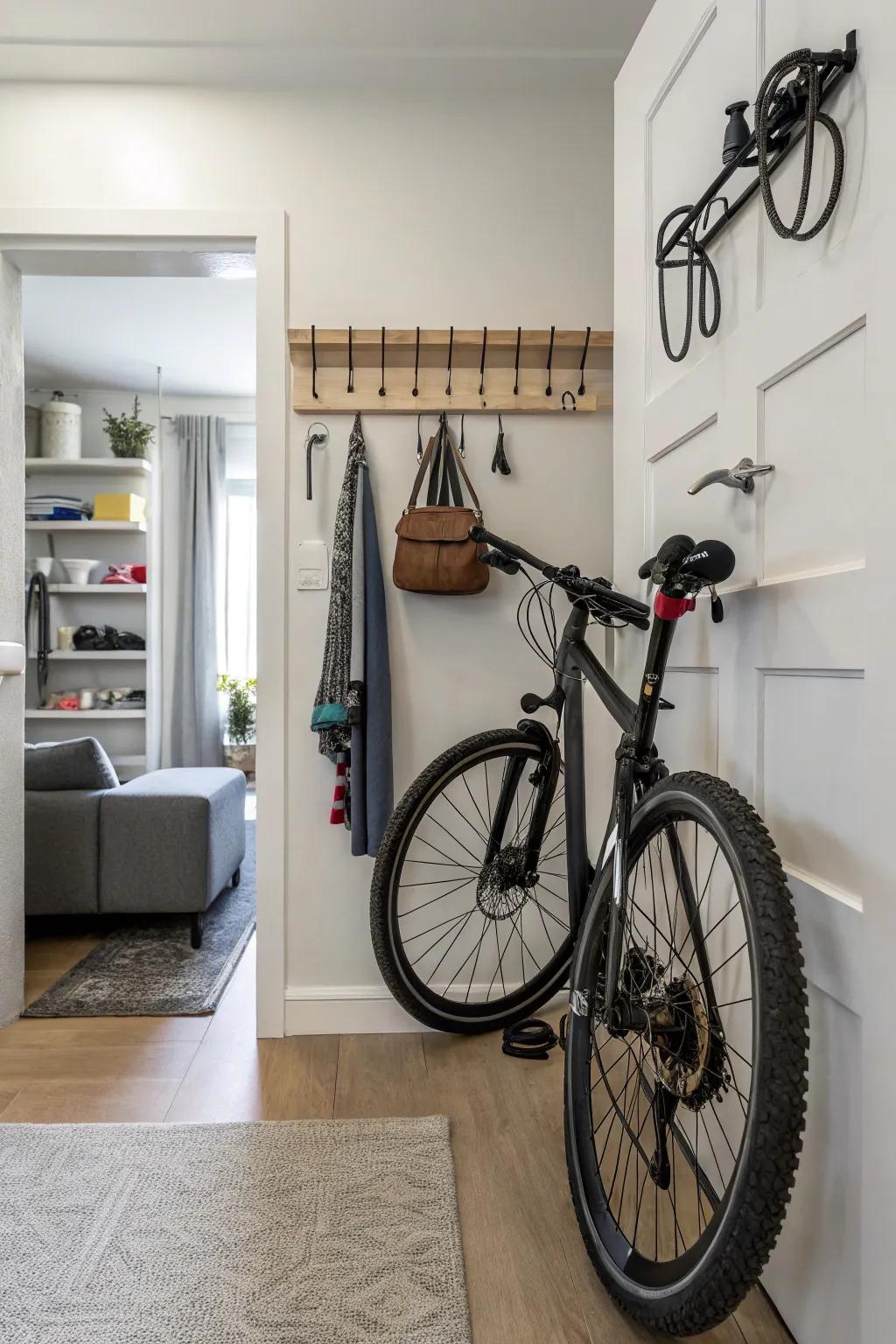 Hooks behind doors provide discreet bike storage.