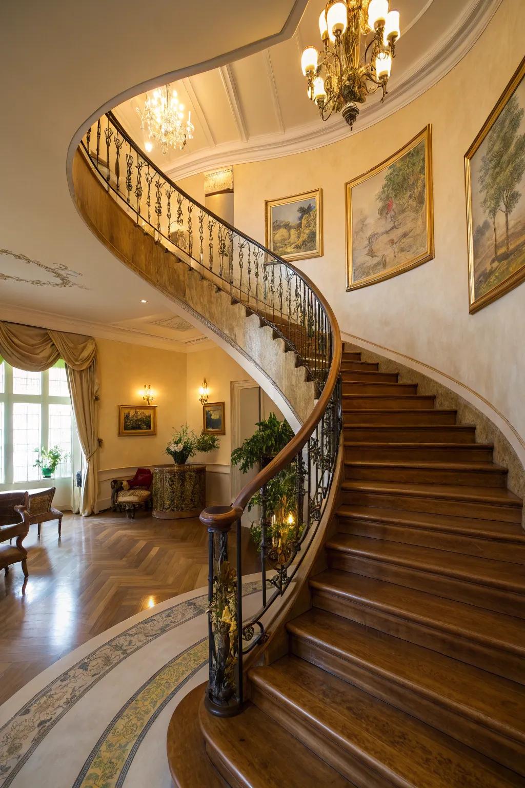 Curved railings add elegance and enhance flow.