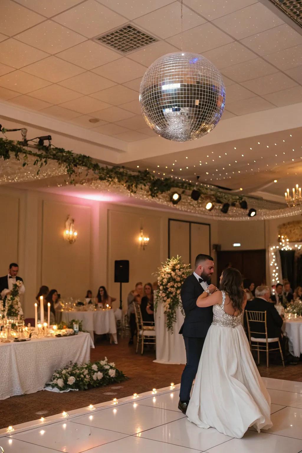 A rotating sphere adds a fun, vintage vibe to the dance area.