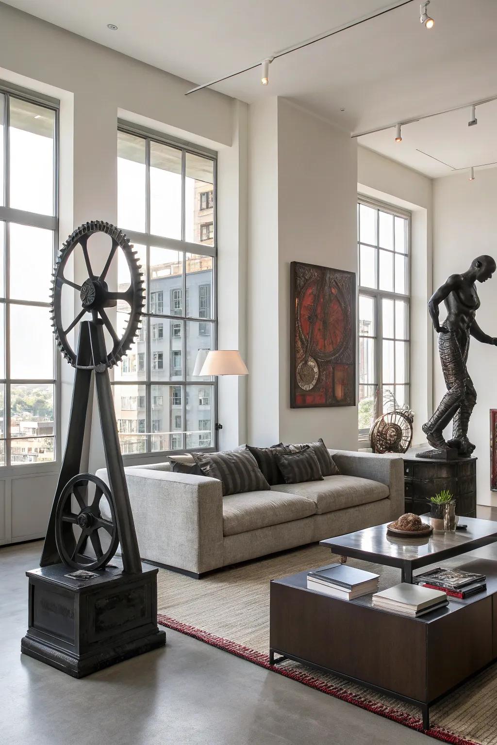 Industrial artwork enriches the space with creative flair.