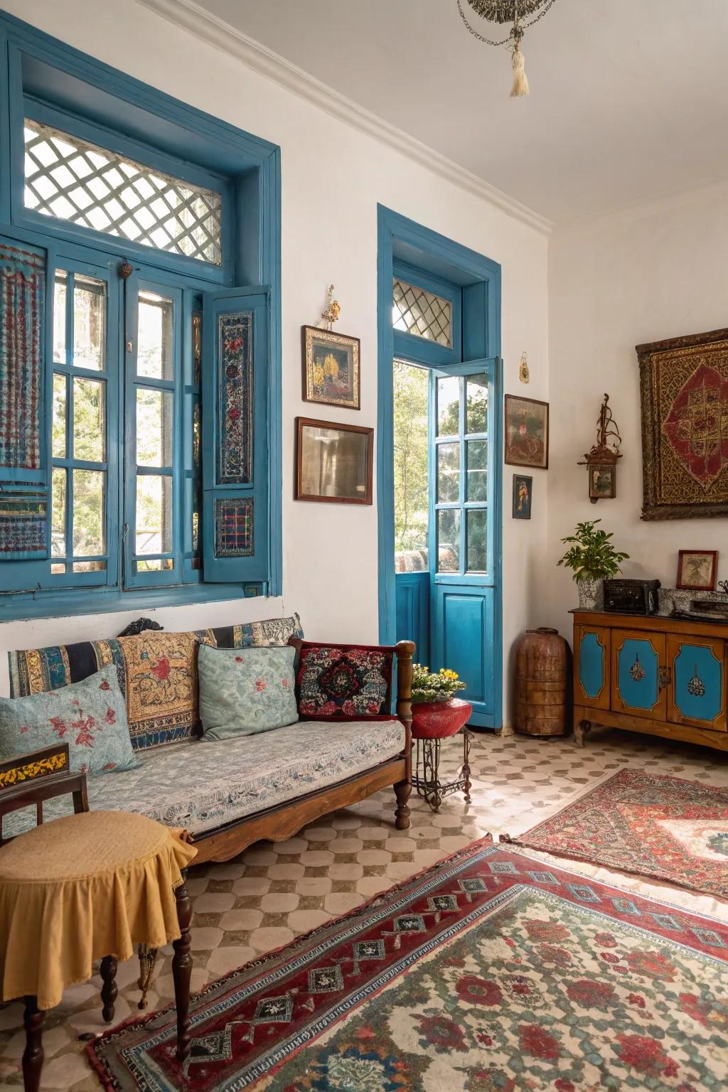 Vintage blue frames create a charming retro vibe.