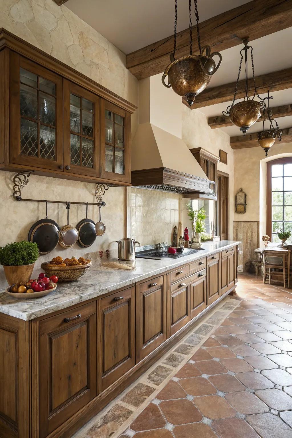 A marble surface adds elegance and practicality.