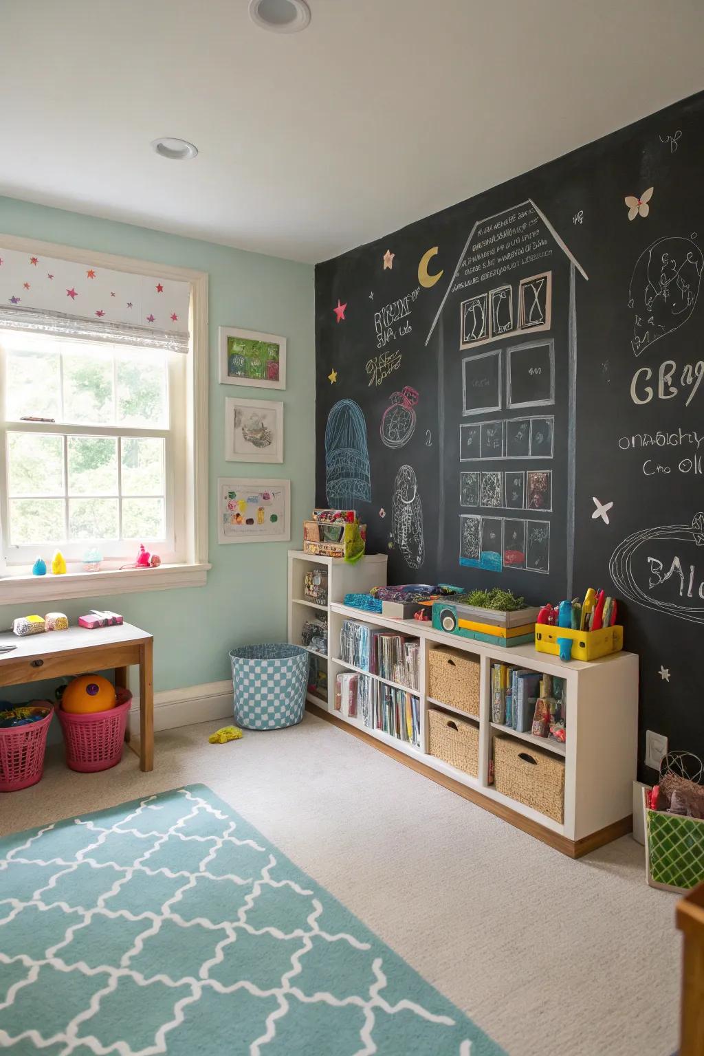 Chalkboard walls encourage creativity and interactive play.