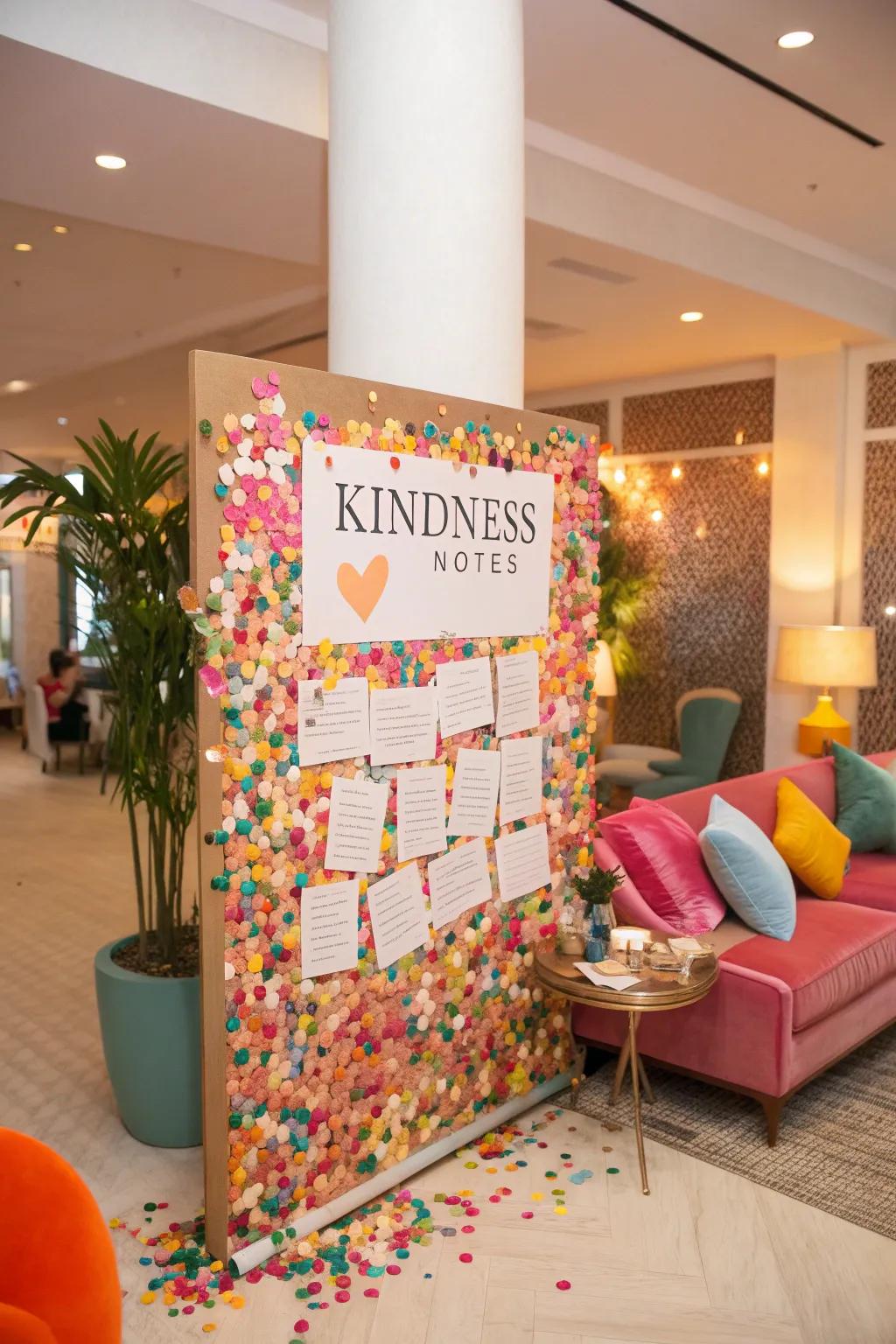 A vibrant living space features a kindness confetti board, bursting with colorful pieces and messages of goodwill.