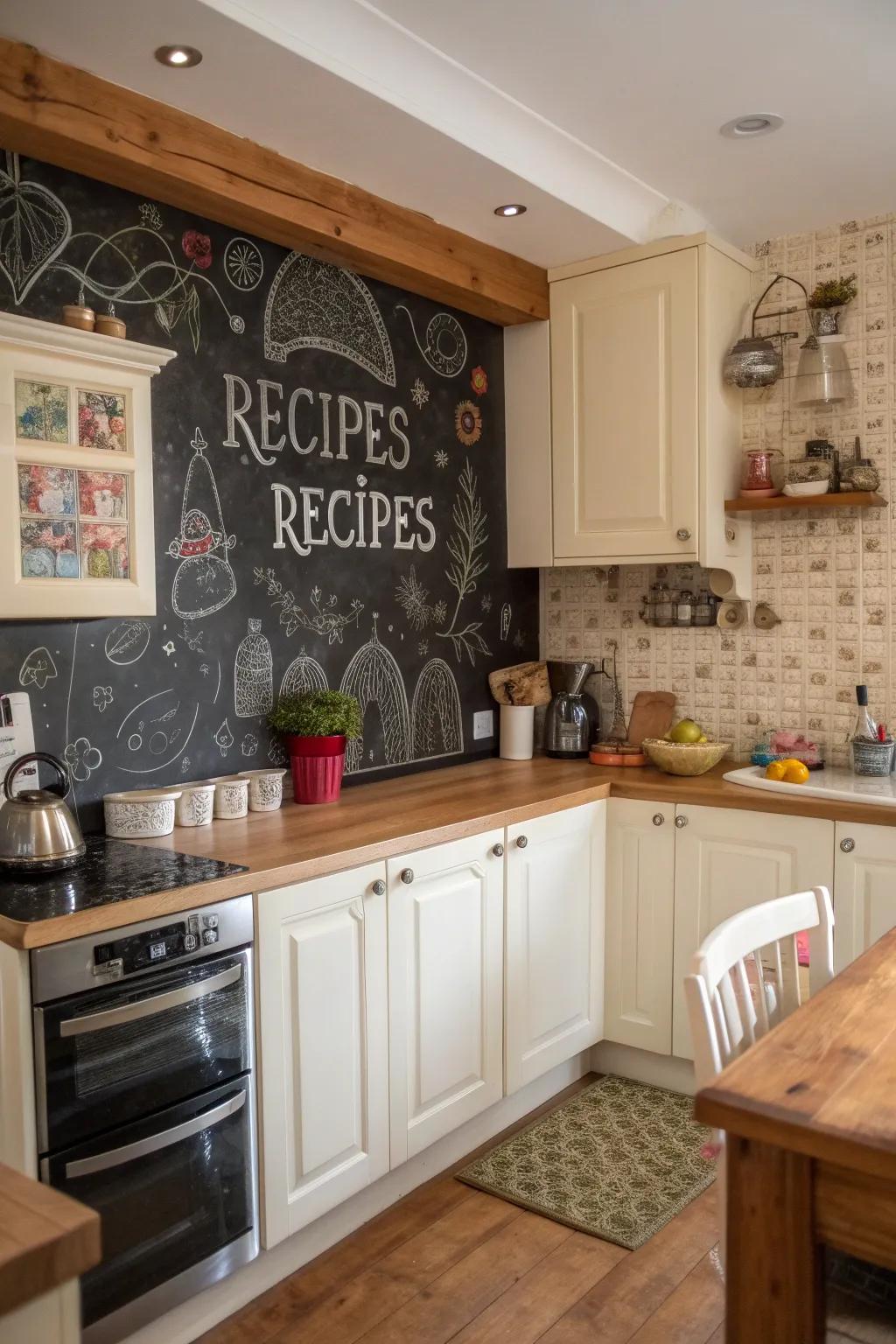 A slateboard backsplash combines country-style charm with practical functionality.
