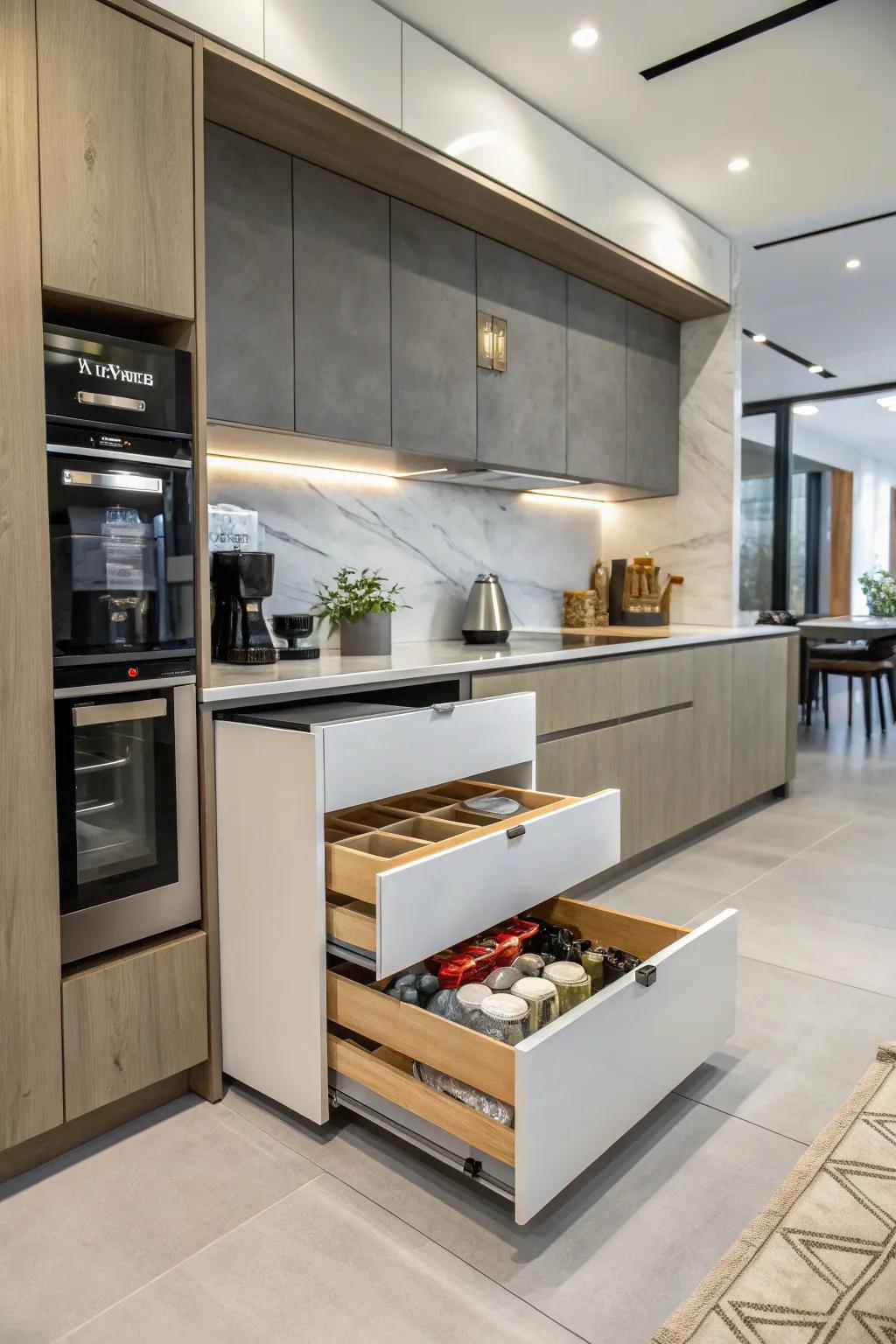 Find more storage via cleverly concealed drawers.