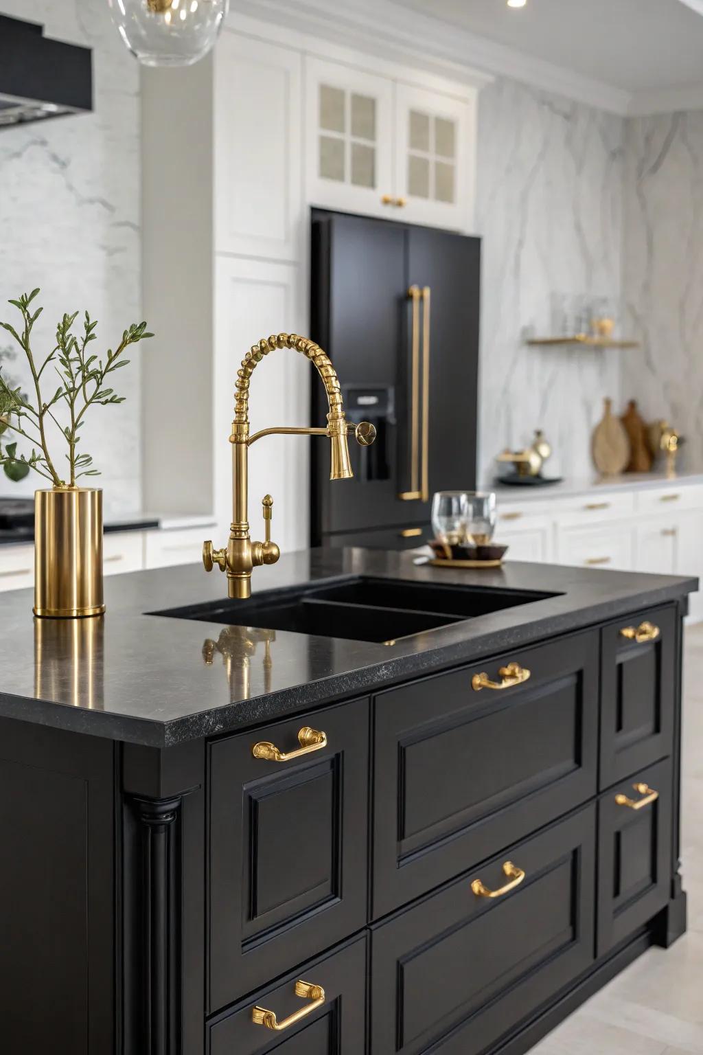 A sumptuous kitchen island radiating black and gold elegance.