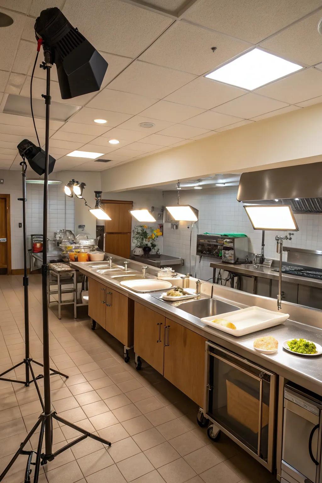 Task lighting, strategically placed, ensures practicality in key kitchen areas.