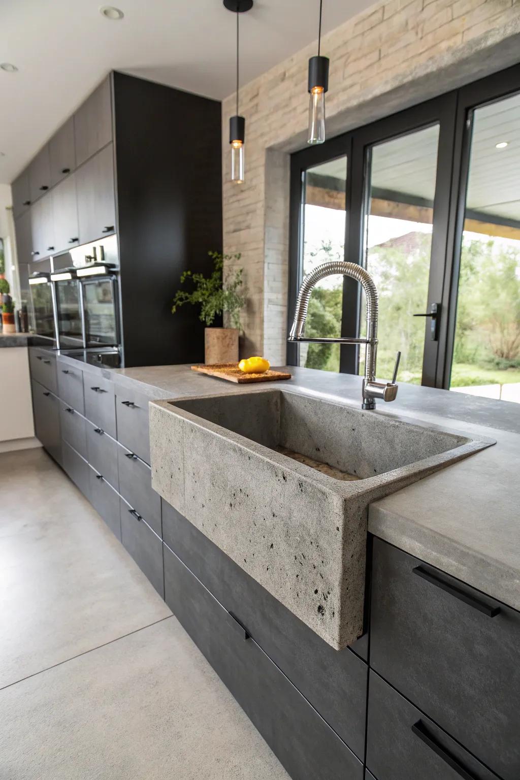 An urban kitchen featuring a robust solid sink.